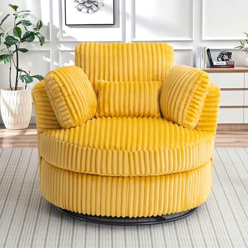 Chair and A Half with Ottoman, 360° Swivel Accent Barrel Chair Modern Comfy Round Reading Sofa Swivel Chairs Circle Lounge Chair for Bedroom Living Room w/4 Pillow Lower Seating Heigh (White, Large)