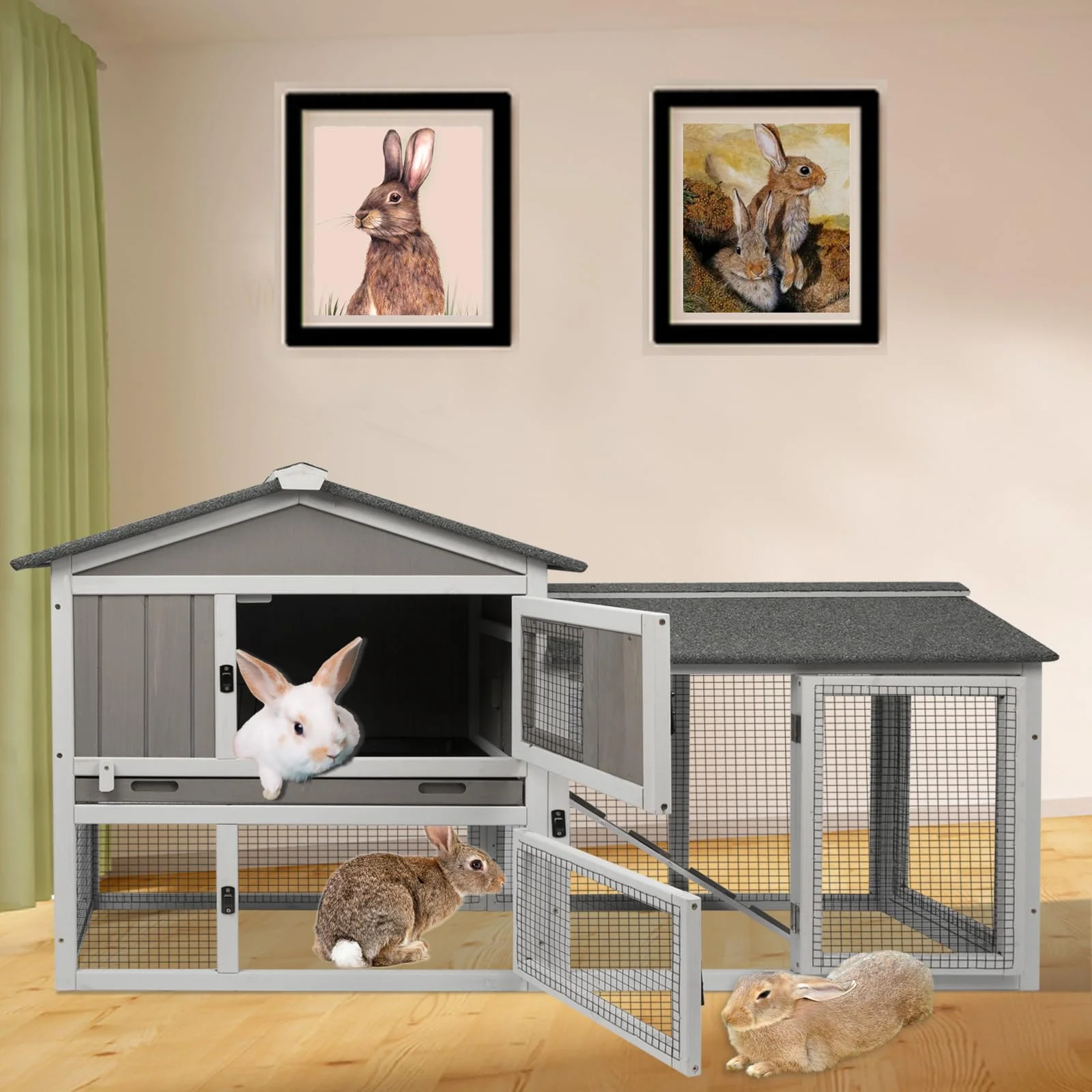 PETSCOSSET Rabbit Hutch Indoor Outdoor 66.9" L Bunny Hutch with Pull Out Tray,2 Story Wooden Rabbit Cage with Asphalt Roof,Guinea Pig Cage with Ventilation Doors,Ramp for Small Animals,Gray - Curated Treasures Market