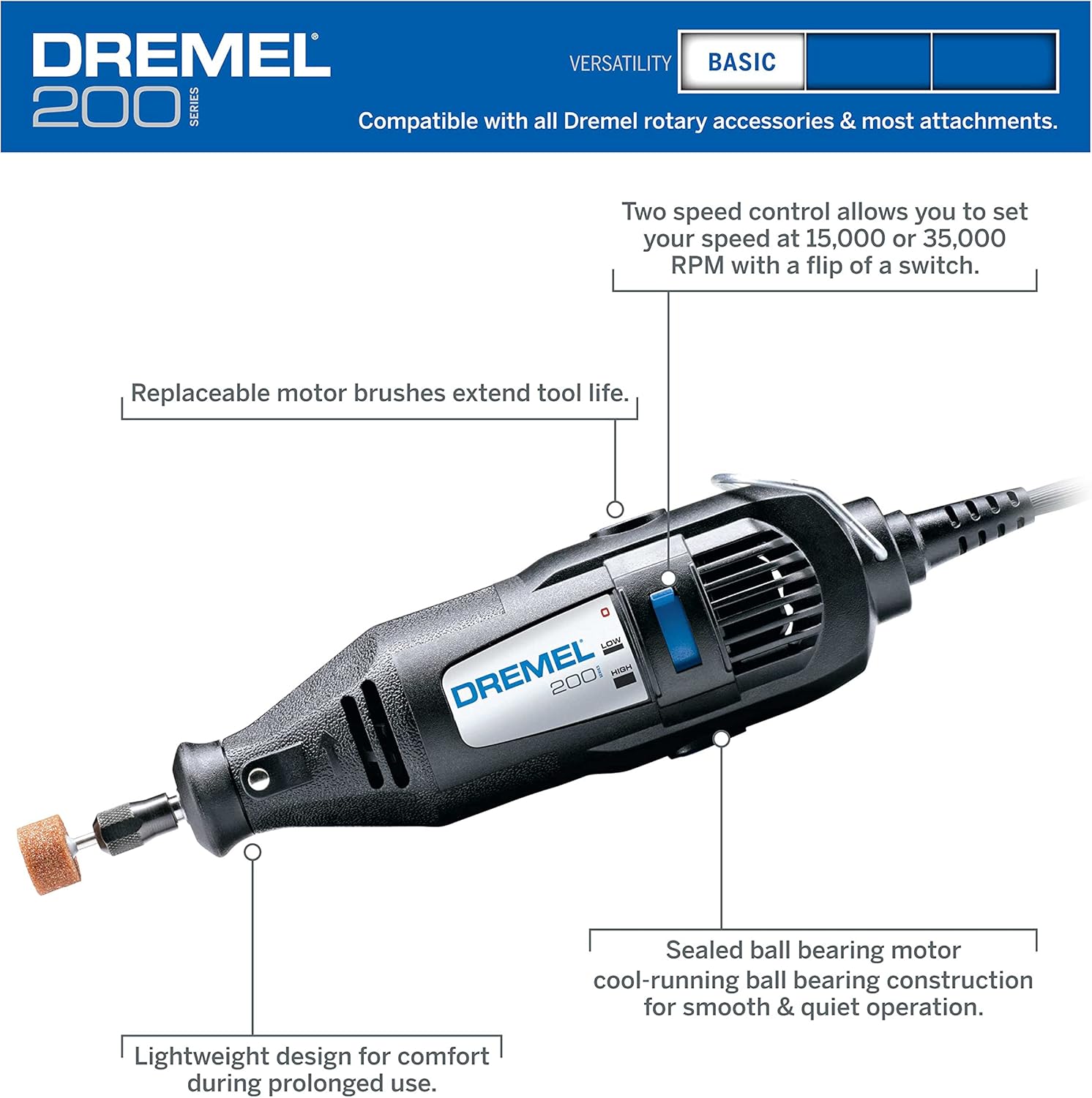 Dremel 200-1/15 Two-Speed Rotary Tool Kit with 1 Attachment 15 Accessories - Hobby Drill, Woodworking Carving Tool, Glass Etcher, Small Pen Sander, Garden Tool Sharpener, Craft and Jewelry Drill