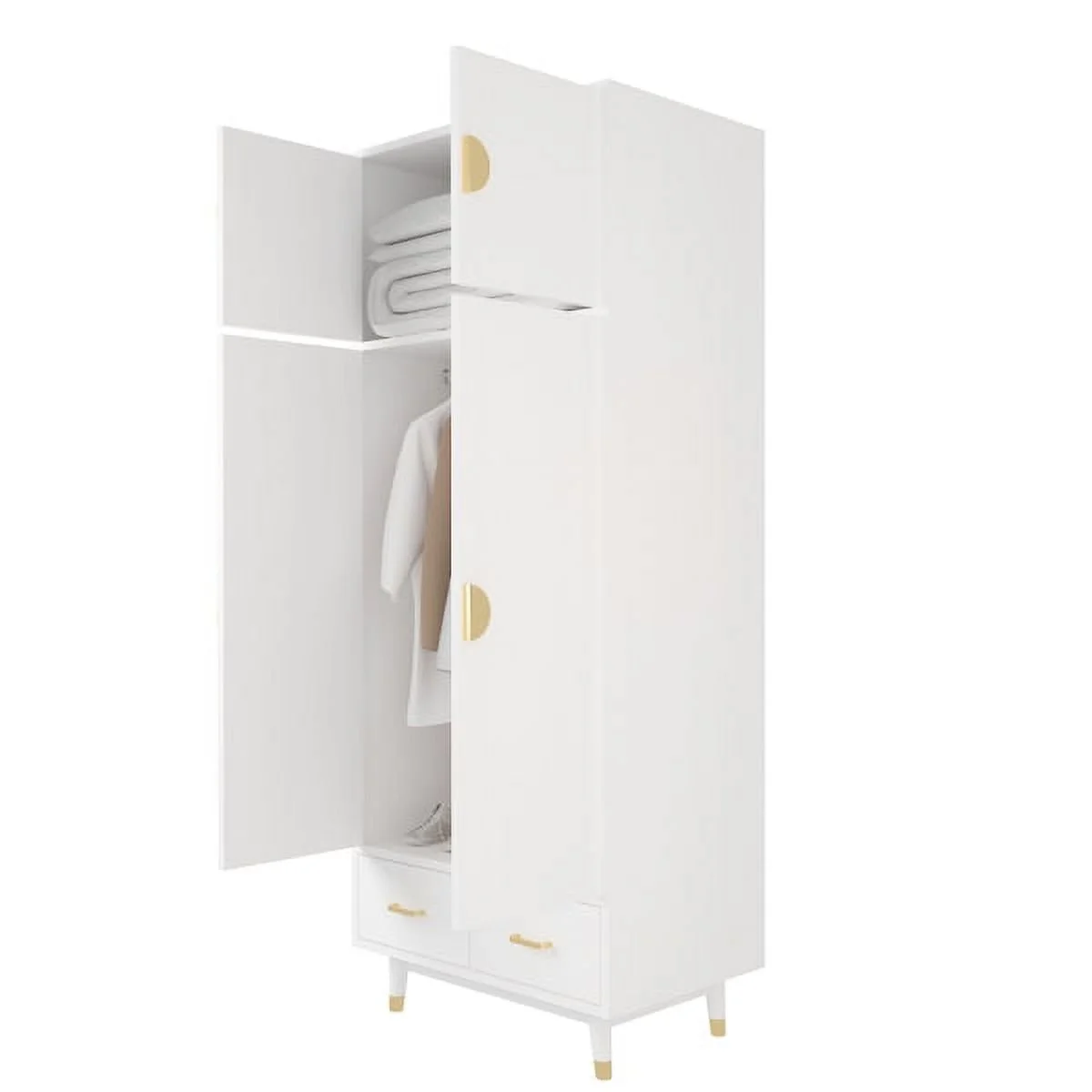 SYTHERS 4 Door Wood Wardrobe Bedroom Closet with Clothing Rod inside Cabinet and 2 Drawers for Storage, White(31.5"L x20.5"W x70.9"H)