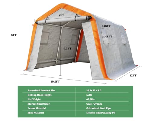 AMERLIFE 10.5x12x8 FT Heavy Duty Portable Shed Storage Shelter, Outdoor Storage Shed with 4 Waterproof Windows & Roll-up Zipper Door, Carport for Motorcycle, Bike, Grey