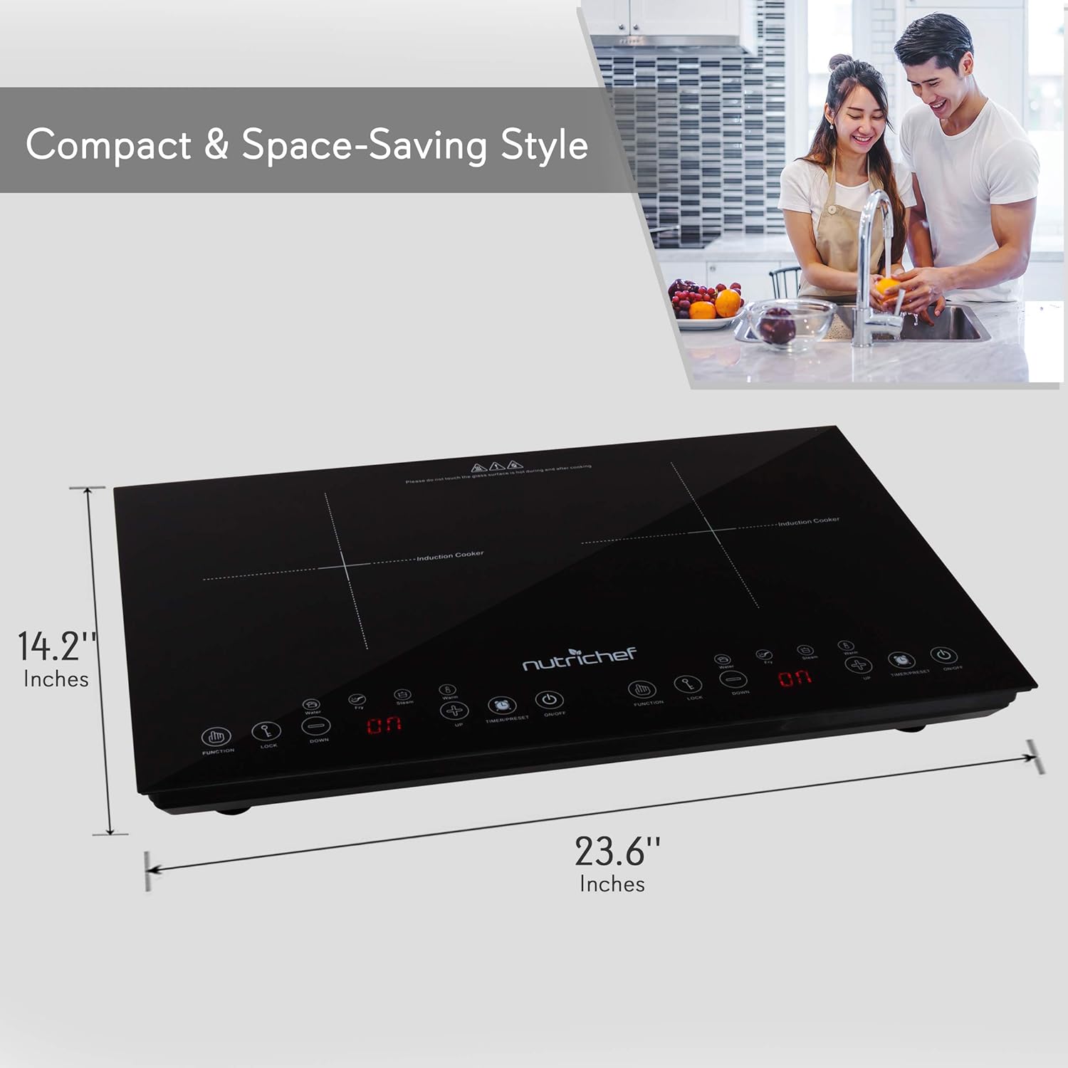 NutriChef Dual 120V Electric Induction Cooker - 1800w Portable Digital Ceramic Countertop Double Burner Cooktop w/ Kids Safety Lock - Works w/ Stainless Steel Pan / Magnetic Cookware