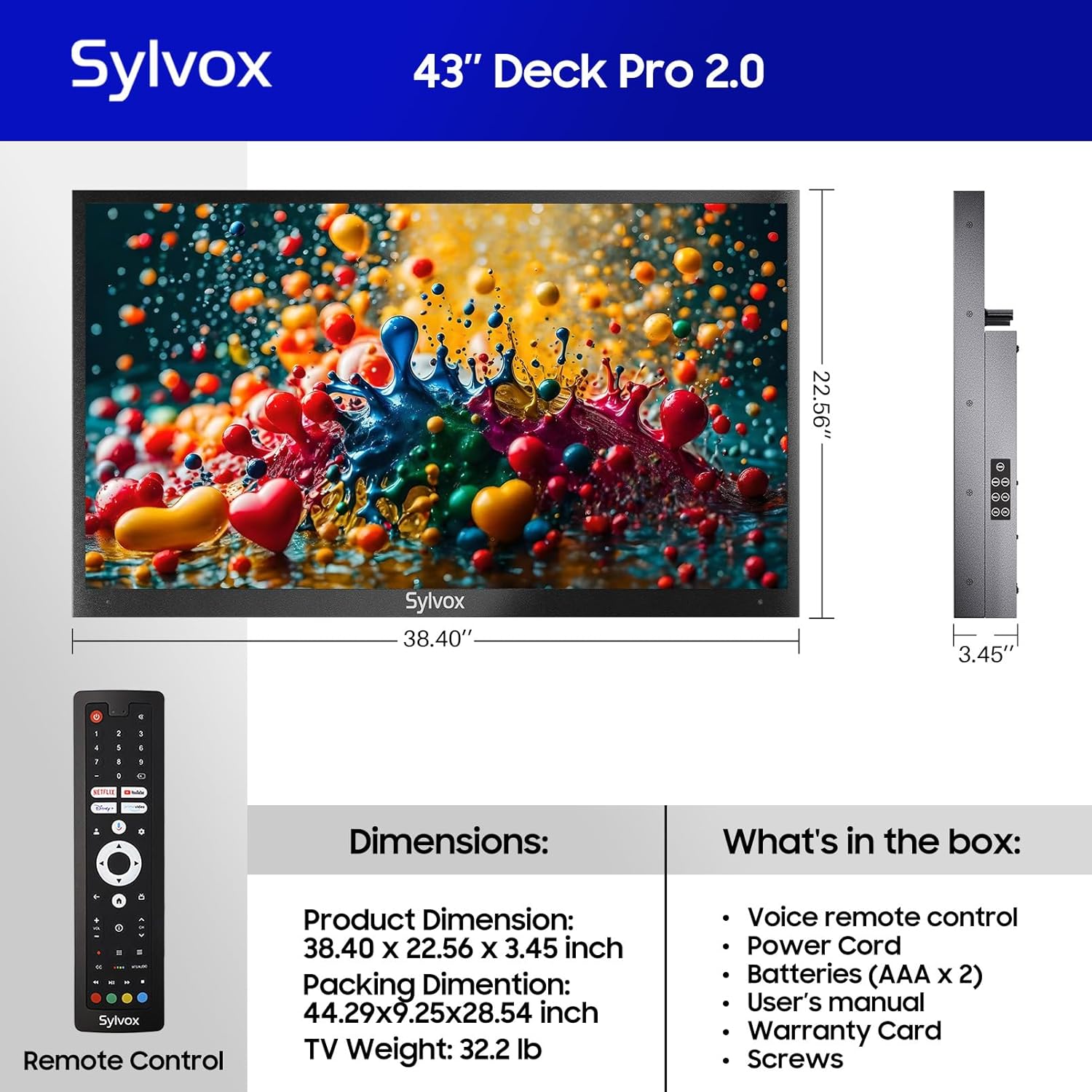 SYLVOX Smart Outdoor TV, 43 inch Outdoor Television Upgraded Google TV, 4K Weatherproof Outside TV, IP55 Waterproof, Google Assistant, Chromecast, 1000 nit Brightness for Partial Sun (Deck Pro 2.0)