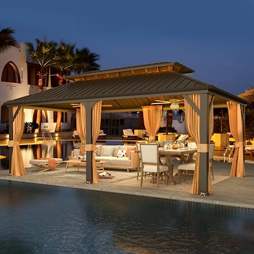 YOLENY 10' x 12' Hardtop Gazebo, Wood-Looking Gazebo with Galvanized Steel Double Roof, Aluminum Frame, Permanent Metal Pavilion with Netting and Curtains for Deck, Backyard, Patio and Lawns