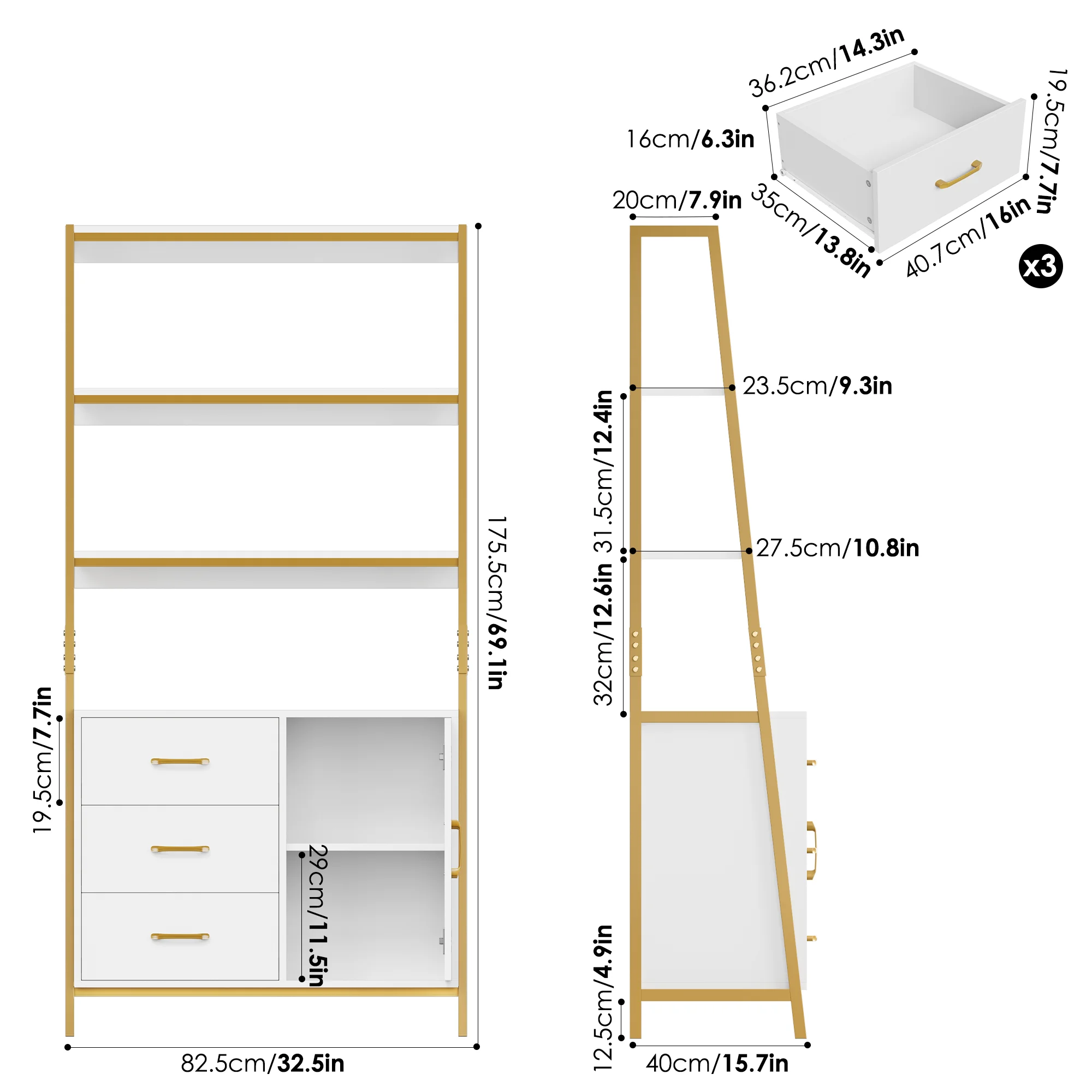 Homfa 3 Tier Display Storage Shelves with 3 Drawers, Gold Metal Frame Bookshelf for Living room, White Finish
