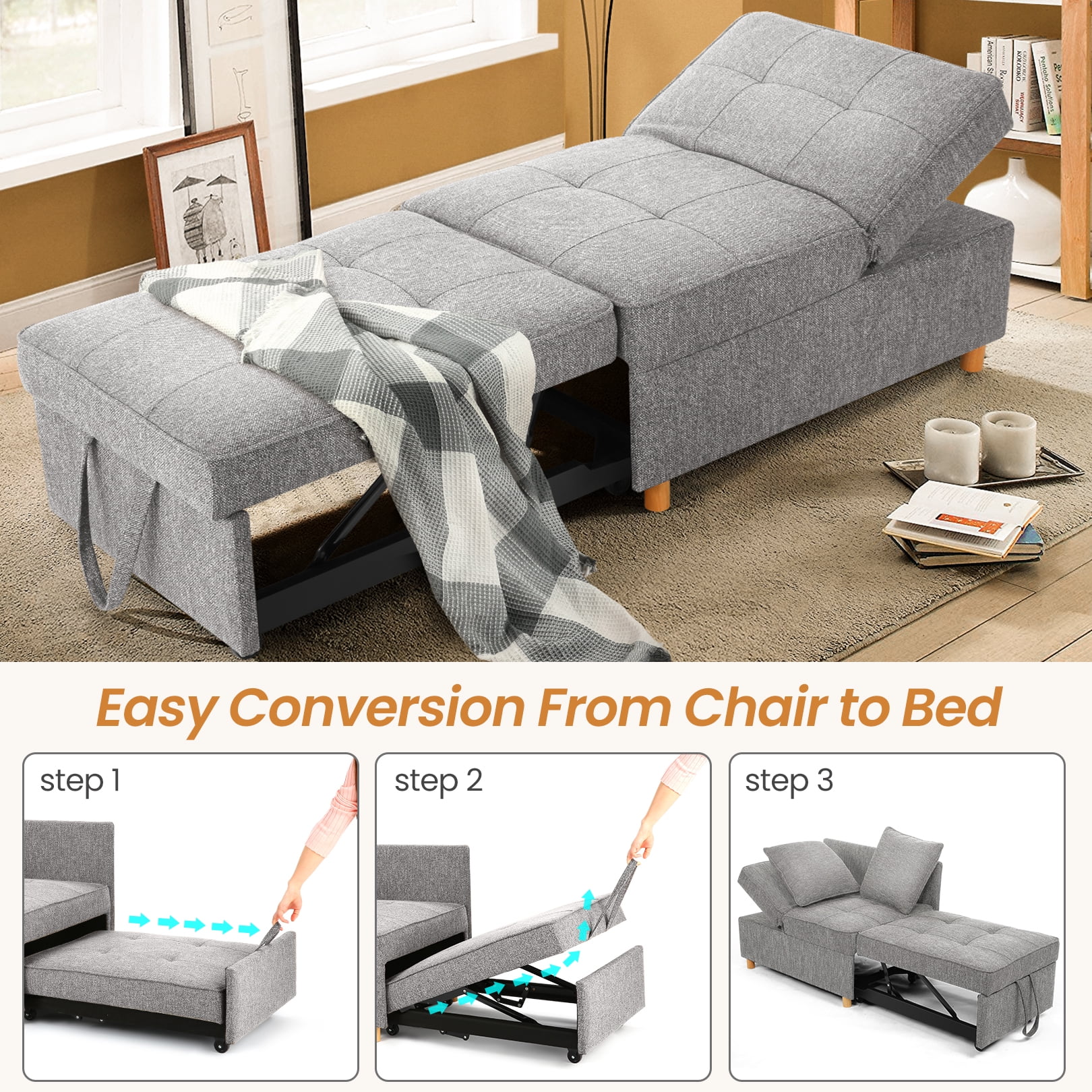 SEJOV Convertible Sofa Bed 4-in-1 Sofa Beds Chair 3-Seat Futon Sofa, Linen Sleep Bed Couch with 5 Adjustable Backrest and Pillows,Living Room Furniture for Apartment Living Room Office，Gray