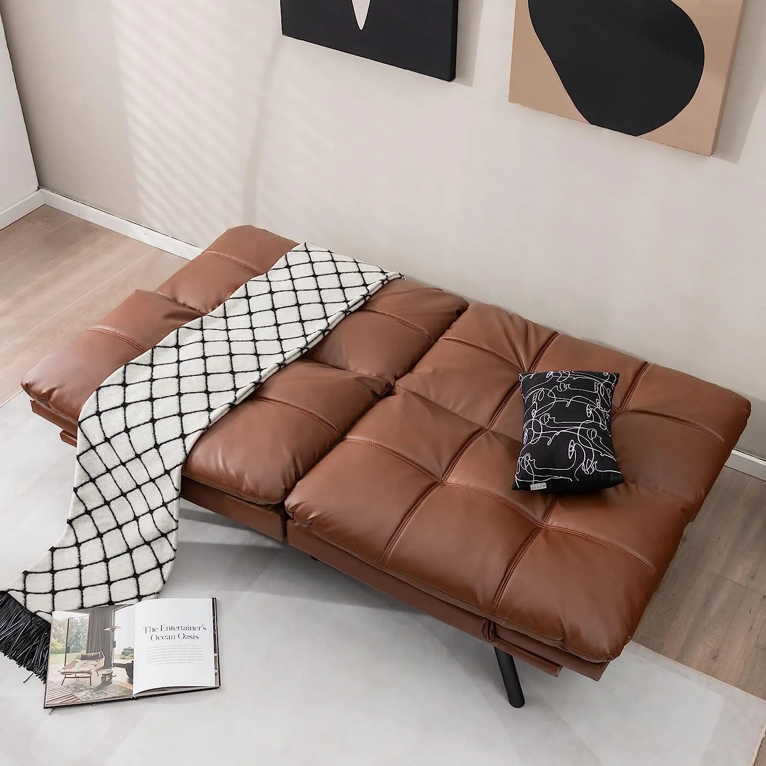 Futon Sofa Bed, Convertible Memory Foam Futon Couch Sleeper with Adjustable Backrest and Armrests, for Small Apartments Home Office, Brown