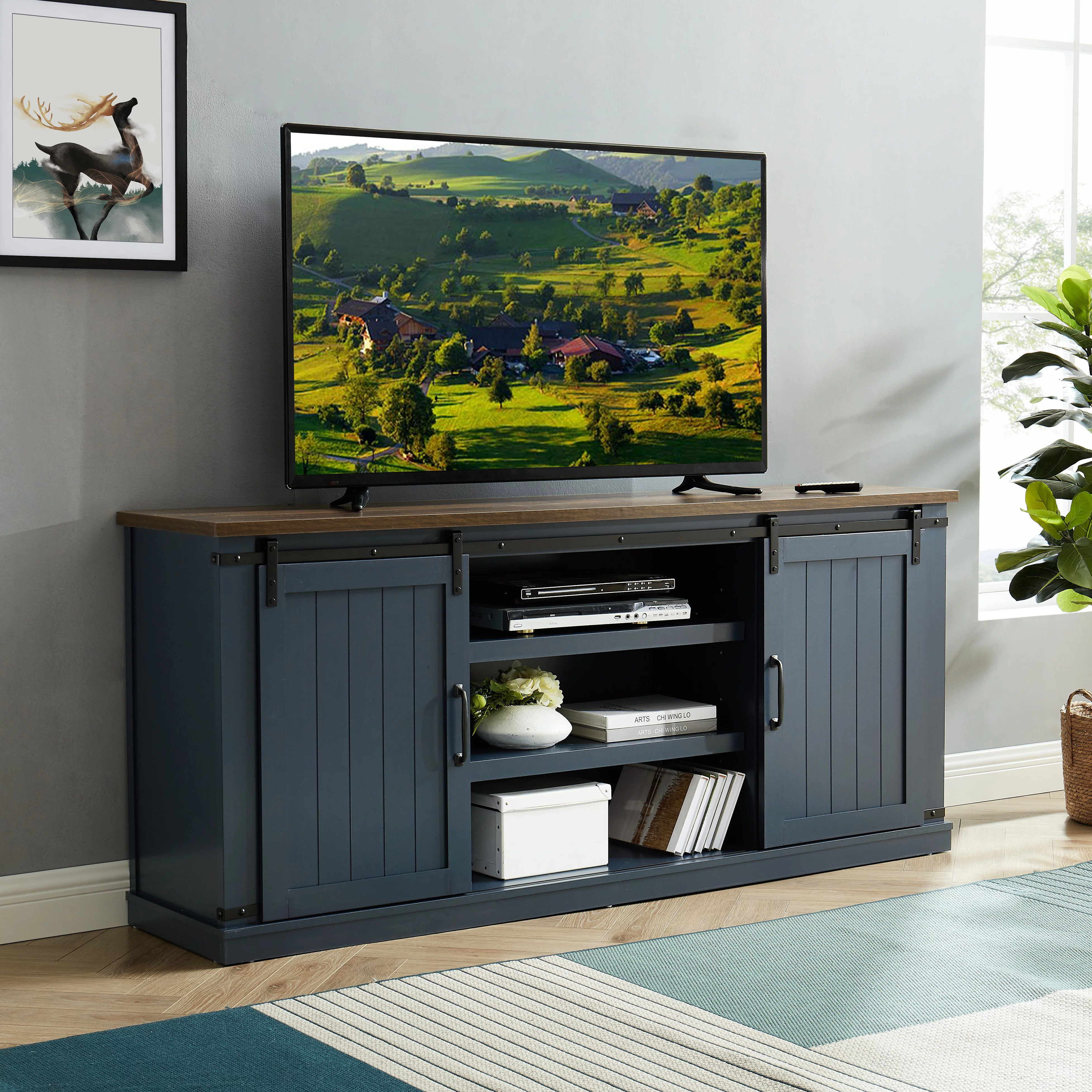 FESTIVO Farmhouse TV Stand for 75" TV, Entertainment Center, Sliding Barn Door TV Stand, 68 inch TV Console Table, Home Living Room Media Console with Adjustable Shelf - Navy Blue