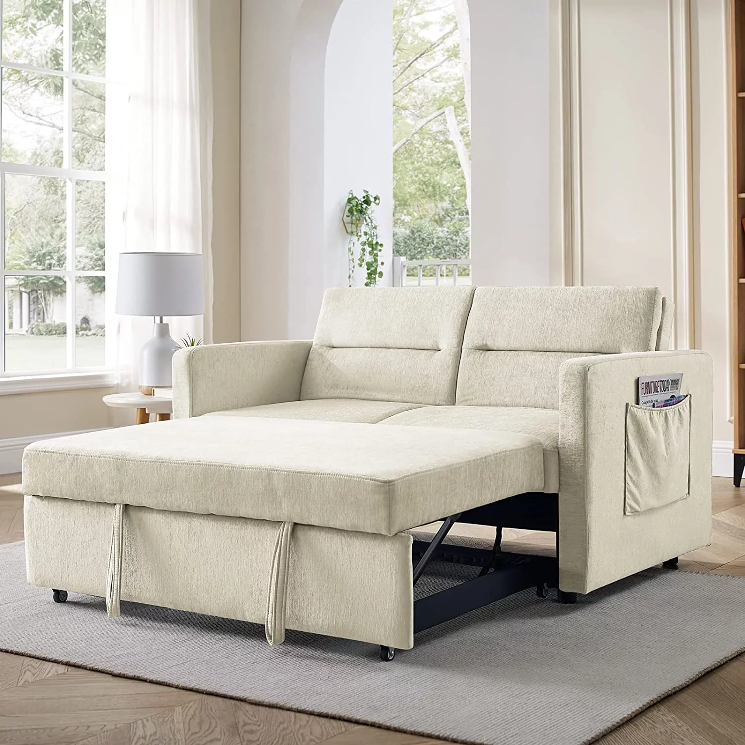Bellemave 54.5" Pull Out Sleeper Sofa Bed, Sleeper Loveseats Sofa Couch with Adjustable Backrest and 2 Arm Pocket for Living Room Bedroom Apartment Office (Black) - Curated Treasures Market