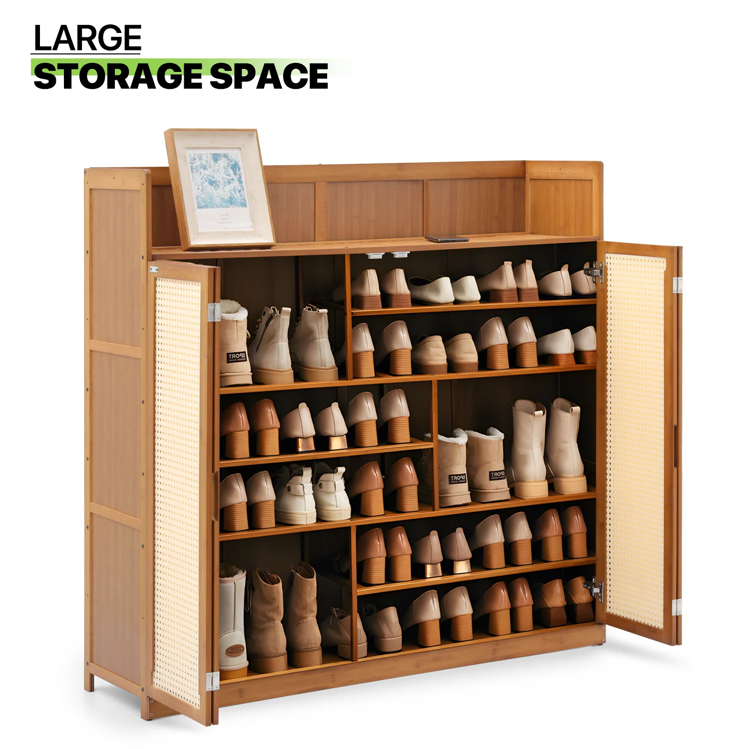 Magshion Bamboo 30 Pairs Shoe Cabinet, 7-Tier Entryway Shoe Storage Cabinet with Folding Rattan Doors and Boots Compartments, Shoe Rack Organizer For Hallway Living Room, Brown
