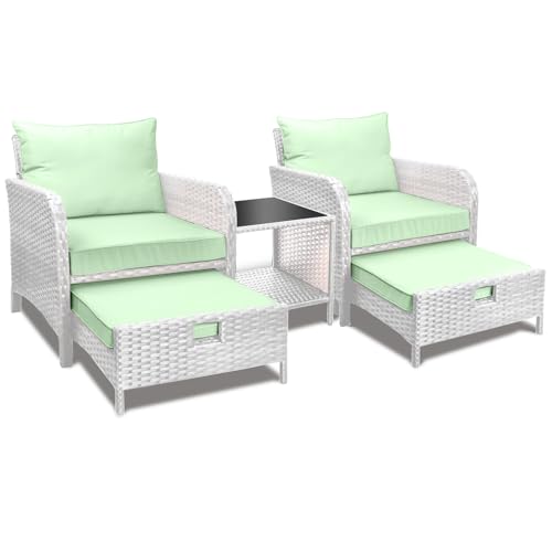 LEVELEVE Balcony Furniture 5 Piece Patio Conversation Set, PE Wicker Rattan Outdoor Lounge Chairs with Soft Cushions 2 Ottoman&Glass Table for Porch, Lawn-Brown Wicker