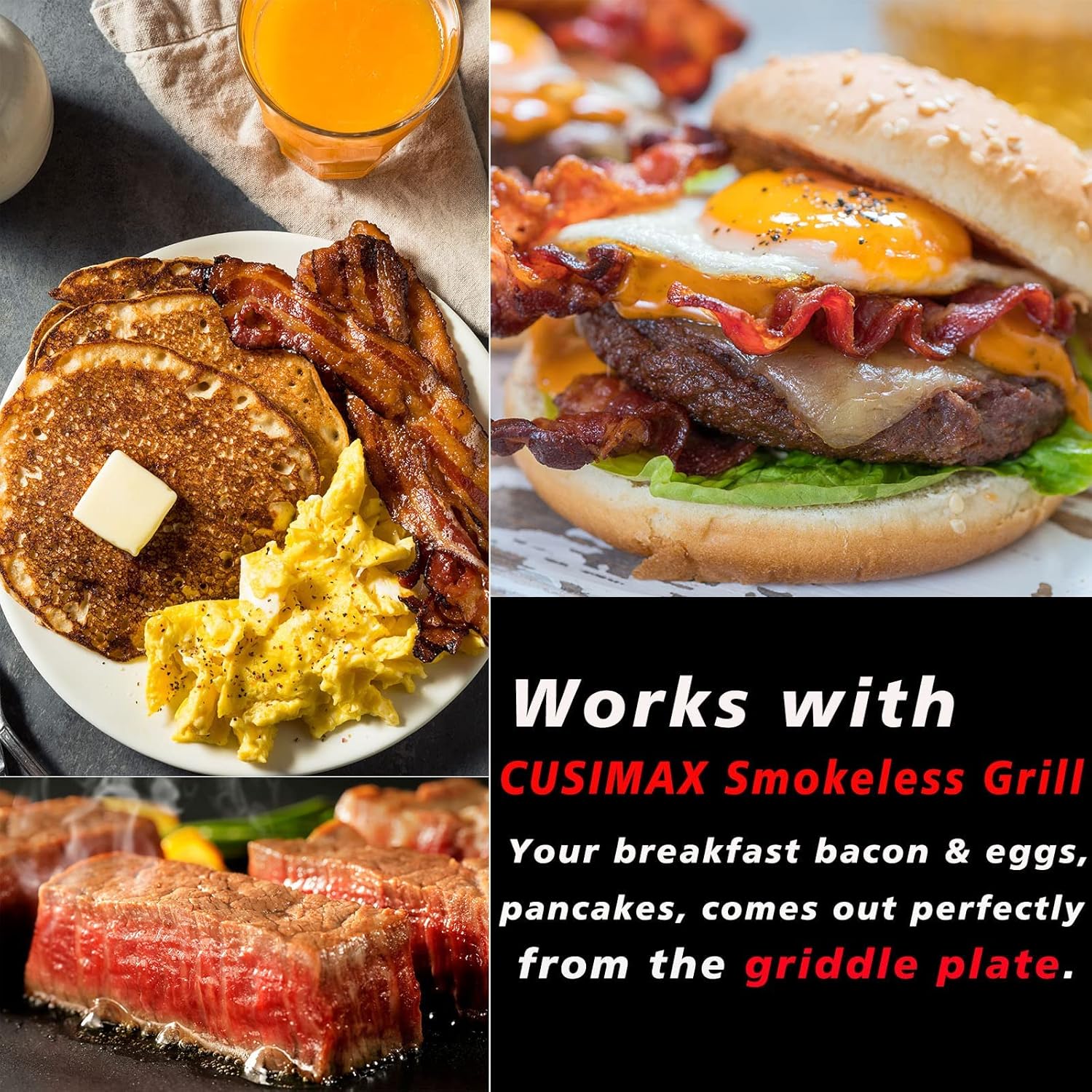 Smokeless Indoor Grill, CUSIMAX Electric Grill with Tempered Glass Lid, 1500 Indoor Grill & Flat Top Griddle for Cusimax Smokeless Grills, Pancake Griddle Plate, Dishwashe-Safe