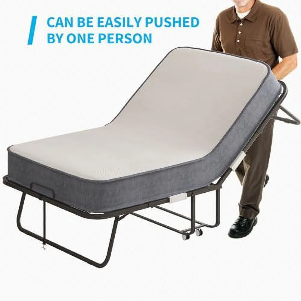 HOOMHIBIU Folding Bed with 5 Inch Mattress | Full Size Portable Bed with | 75 x 46 Space Saving Fold Up Bed | Foldable Bed Frame with 4 Lockable Wheels (Upgraded Mattress)
