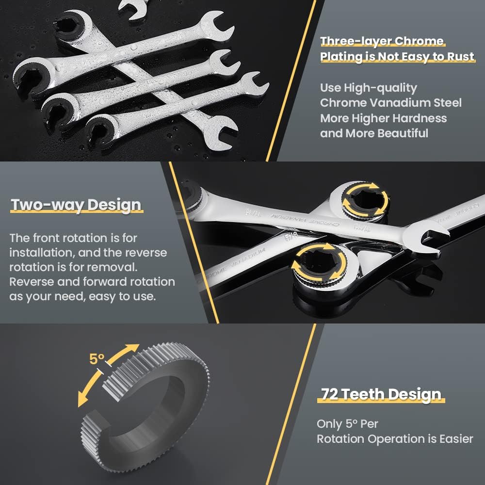 Anbull Combination Ratcheting Wrench Set SAE with Open End, Tubing Ratchet Wrench Chrome Vanadium Steel 3/8'' 7/16'' 1/2'' 9/16'' 5/8'' 11/16'' 6PCS