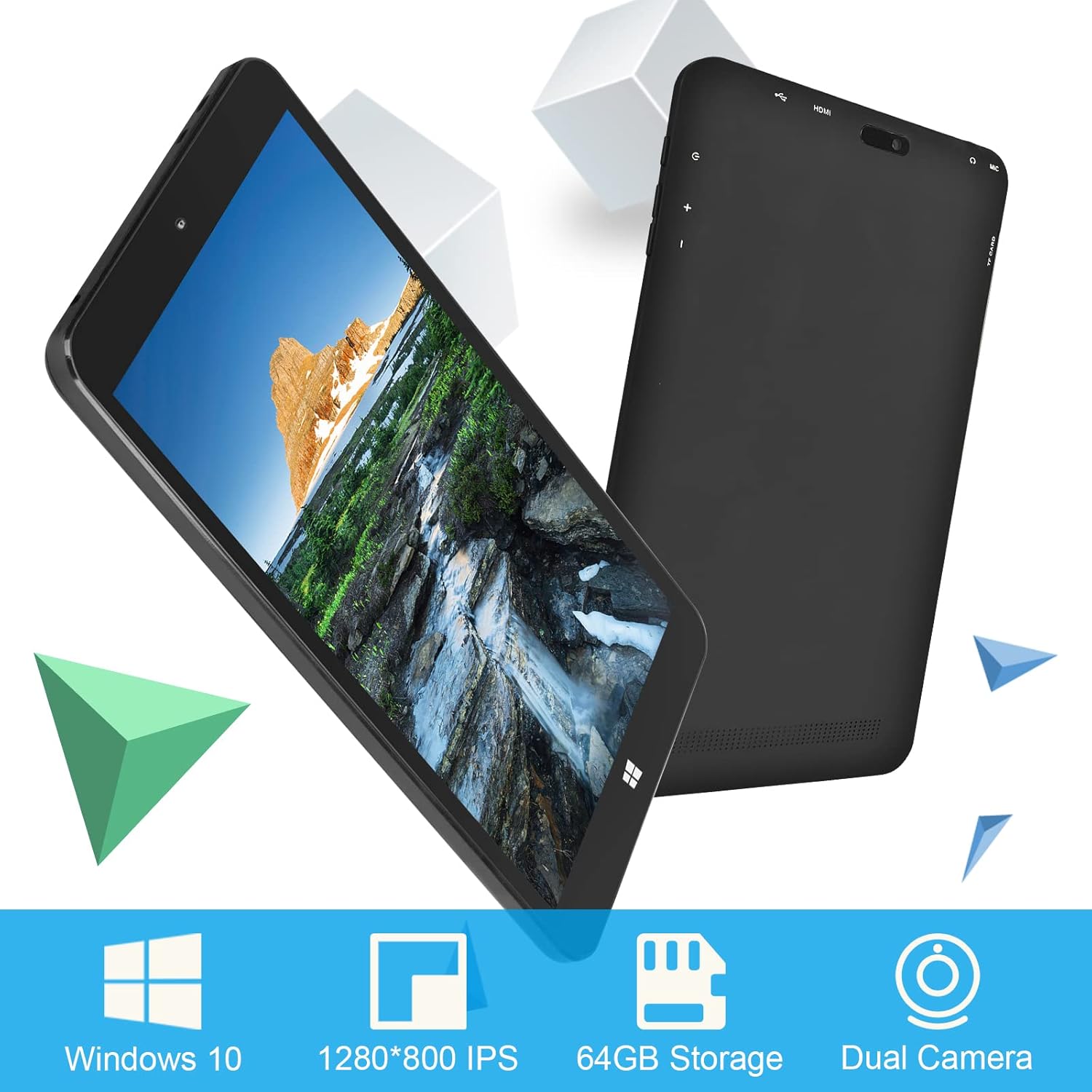 Windows 10 Pro Tablets, 8inch Quad Core CPU 64GB Storage 128GB Expand PC Computer, 1280 x 800 IPS HD Touchscreen, WiFi, 4000mAh Battery, Bluetooth 4.0