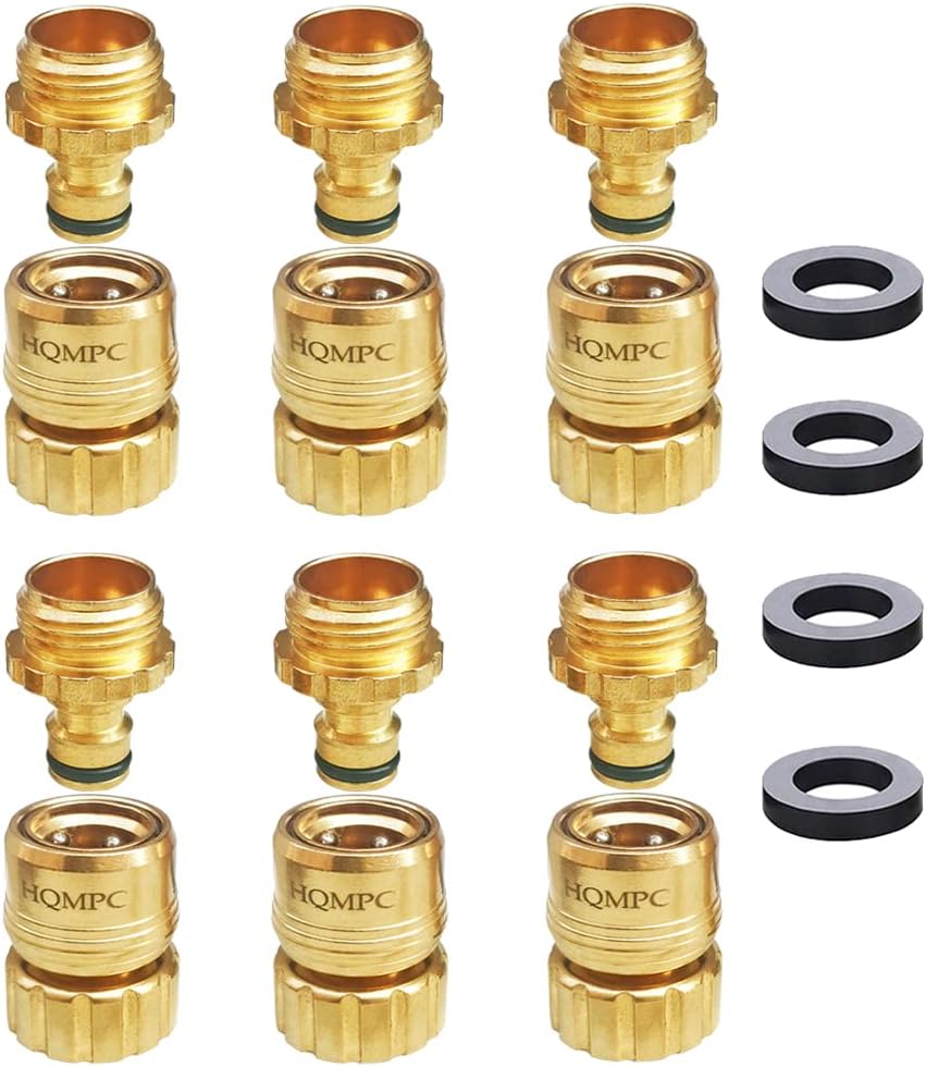 HQMPC Lead Free Garden Hose Quick Connect Brass Hose Quick Connect Quick Release Hose ConnectorWater Hose Connectors 3/4" GHT (6 Sets) Pack of 2