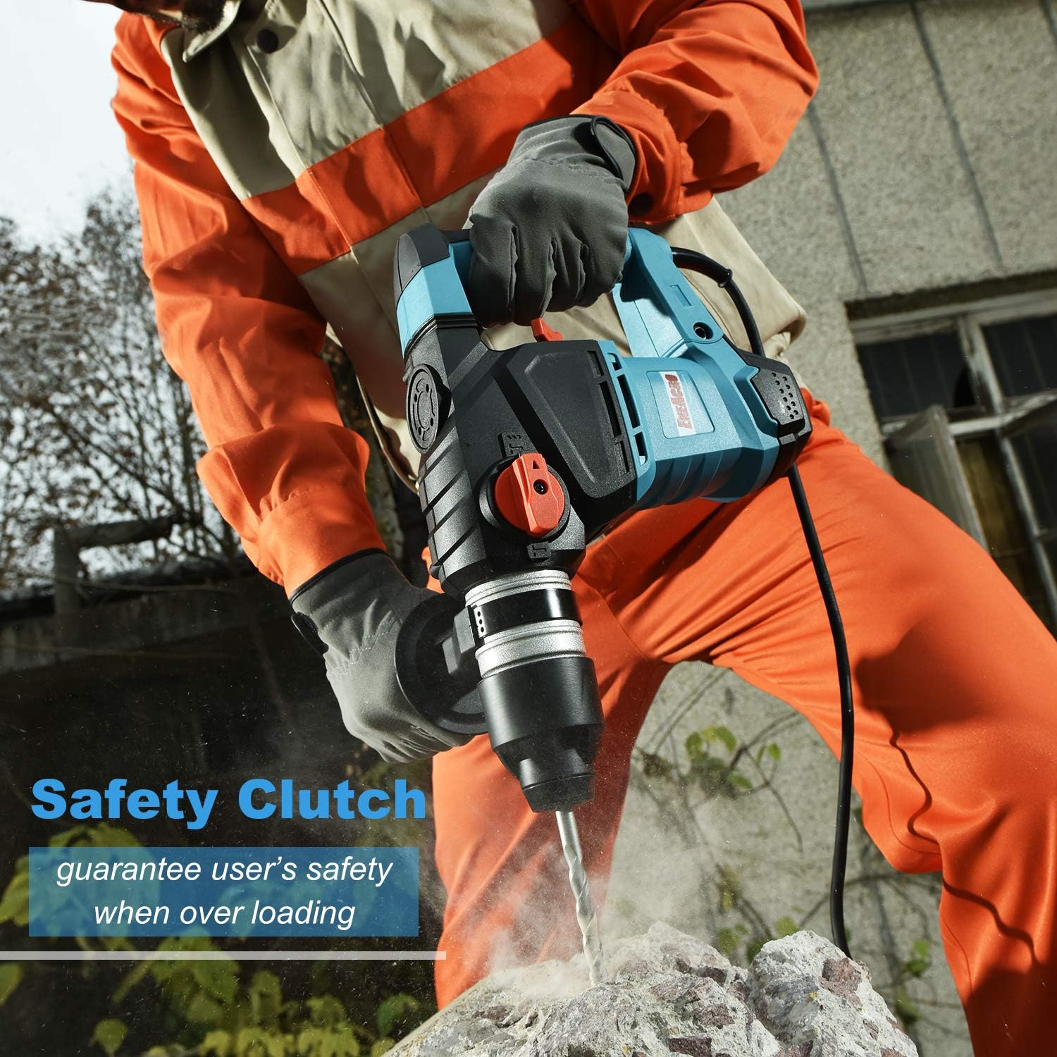 ENEACRO 1-1/4 Inch SDS-Plus 12.5 Amp Heavy Duty Rotary Hammer Drill, Safety Clutch 3 Functions with Vibration Control Including Grease, Chisels and Drill Bits with Case