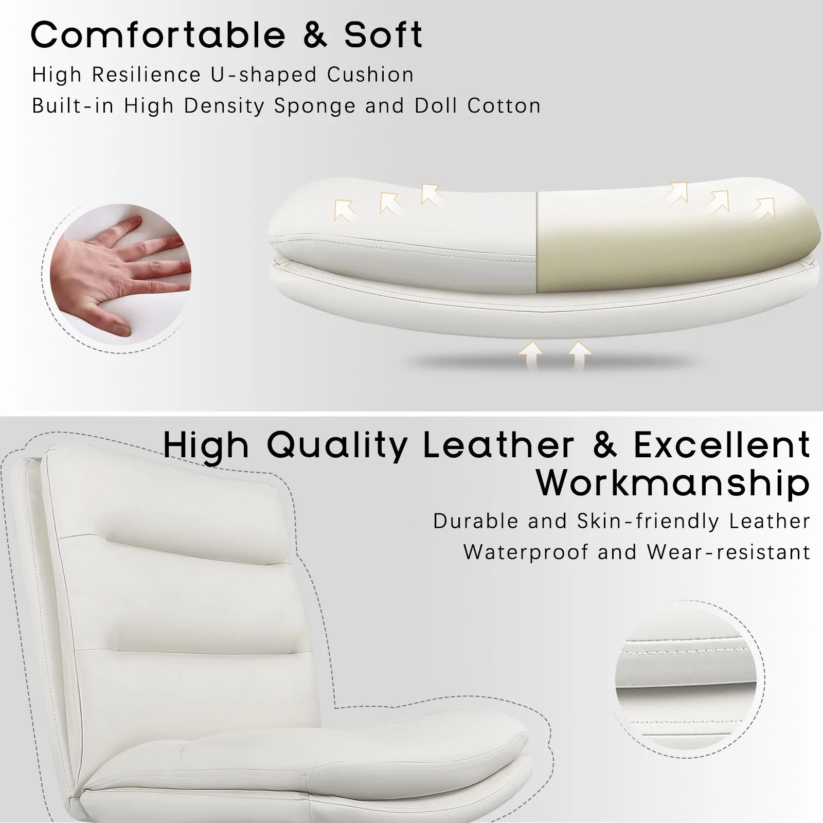 Bossin  Office Chair Desk Chair Armless No Wheels, PU Leather Criss Cross Legged, High Back Task Chair White