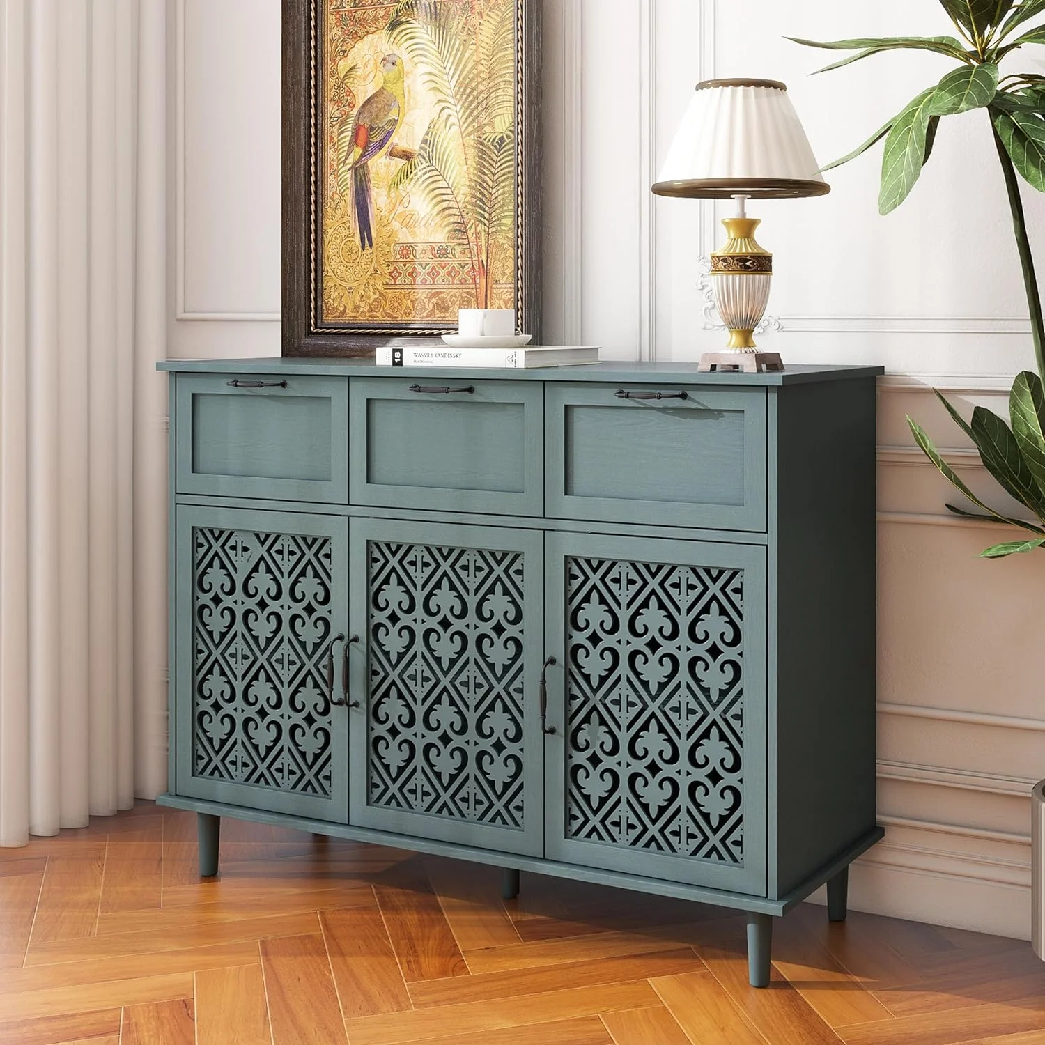 Sideboard Buffet Cabiet, Solid Wood Storage Cabiet With 3 Doors Ad 3 Drawers For Livig Room, Bedroom, Hallway, Etryway, Study, Dark Gree