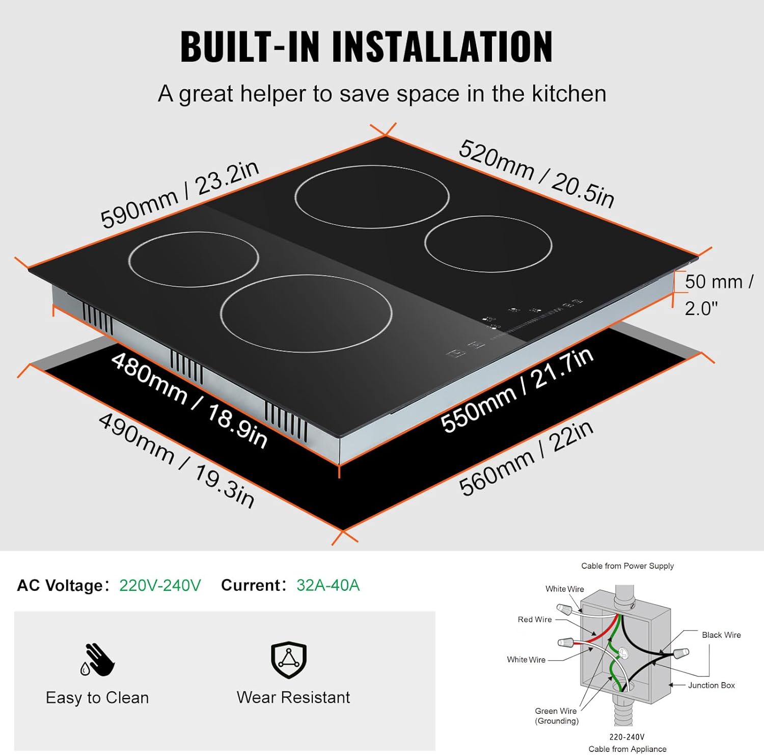 VEVOR Built in Electric Stove Top, 24 inch 4 Burners, 240V Glass Radiant Cooktop with Sensor Touch Control, Timer & Child Lock Included, 9 Power Levels for Simmer Steam Slow Cook Fry