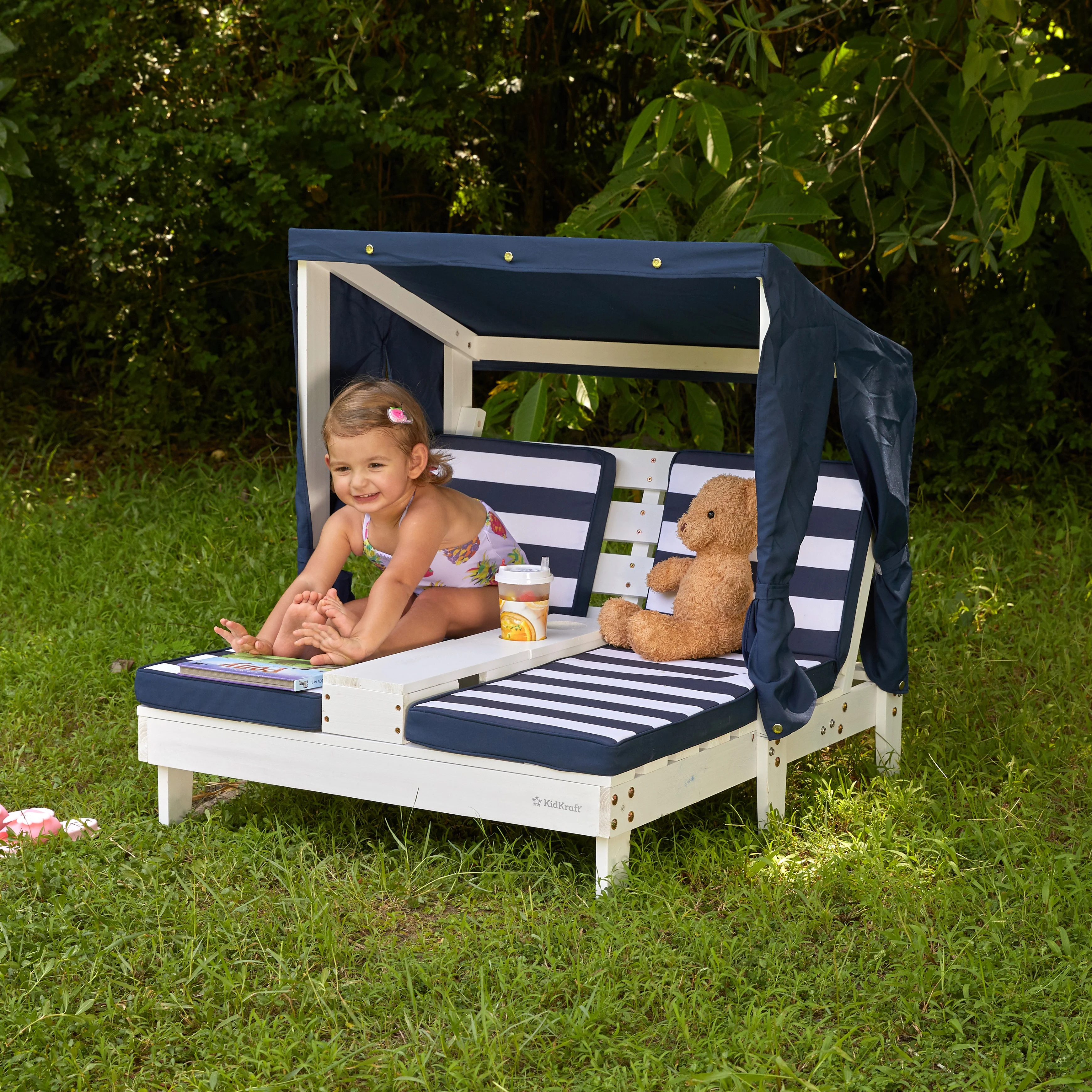 KidKraft Wooden Outdoor Double Chaise Lounge with Cup Holders, White with Navy and White Stripes