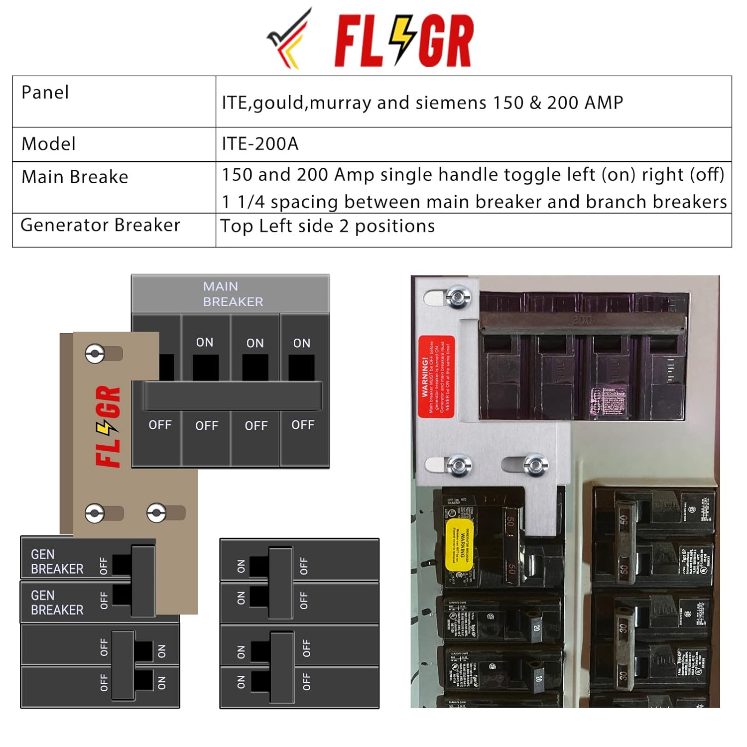 Generator Interlock Kit Compatible with ITE, Siemens, Gould and murray150 or 200Amp Panel, 1 1/4 Inch Spacing Between Main Circuit Breaker and Generator Circuit Breaker, Electrical Interlock Kit