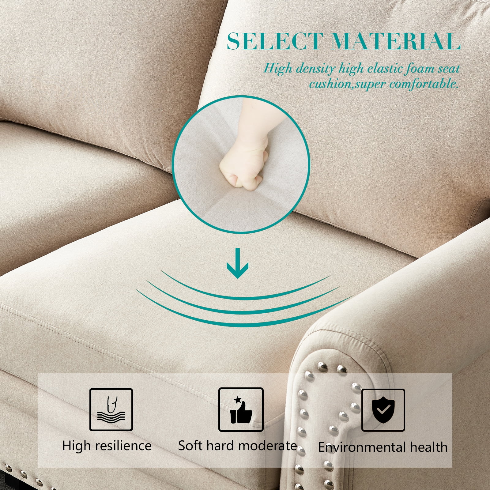 Modern 3 Seater Upholstered Sofa, 100% Polyester Soft Couch with Storage Removable Cushions Solid Wood Legs and Nailhead Trim for Living Room Bedroom Office