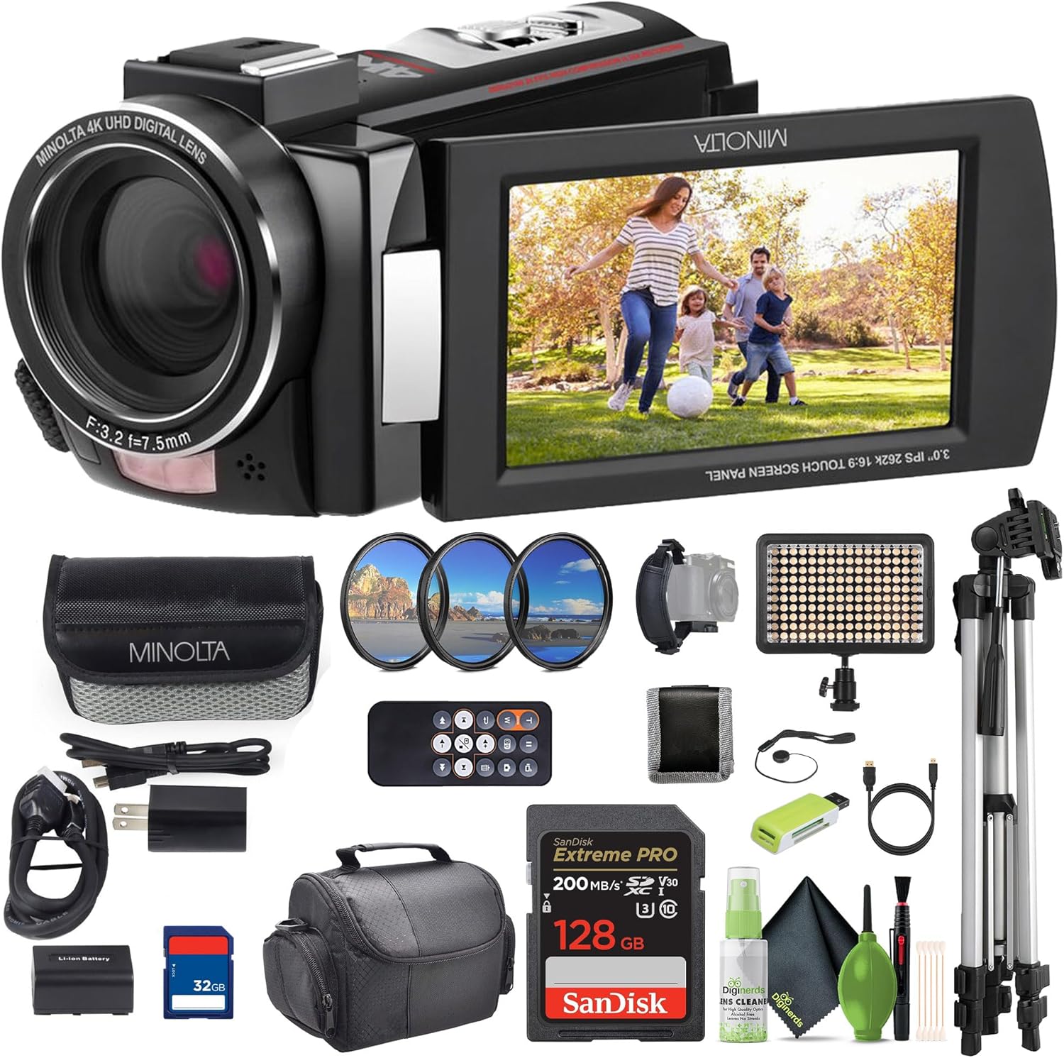 Minolta MN4K25NV 4K Ultra HD 30 Mega Pixels Night Digital Vision Video Camcorder (Black) Bundle with 128GB Memory Card + Camera Tripod + LED light + More Accessories