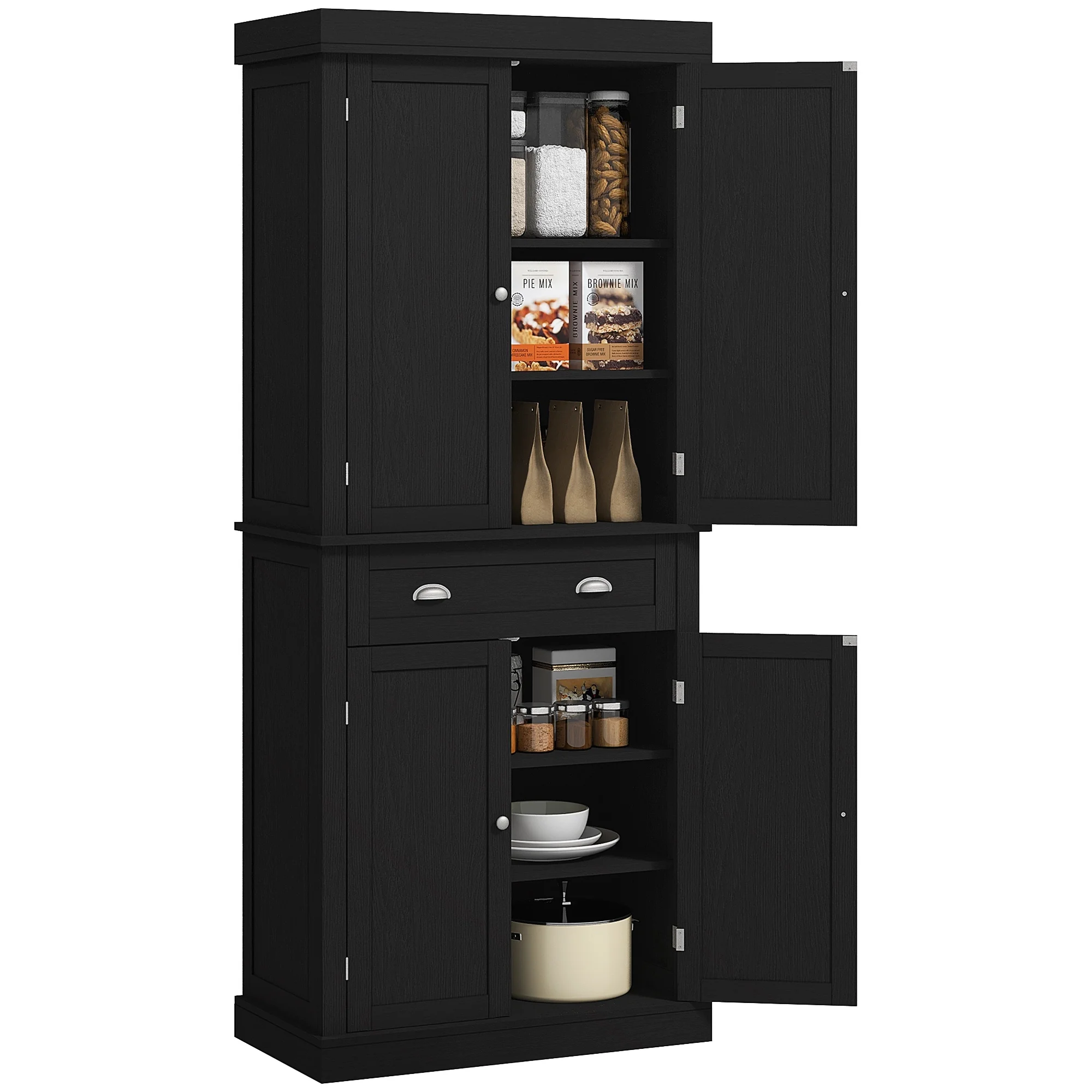 HOMCOM 72" Kitchen Pantry Cabinet with 2 Cupboards, Drawer, Black Wood Grain