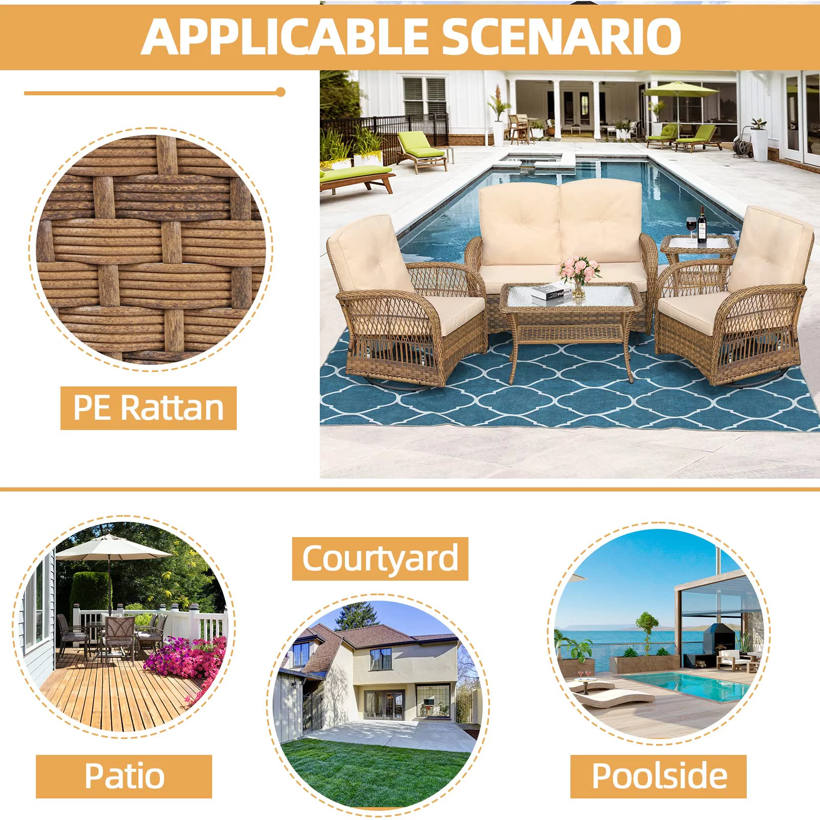 W WARMHOL 5 Pieces Outdoor Furniture All Weather Wicker Patio Conversation Cushioned Sofa Set with Glider Loveseat/2 Swivel Rocking Chairs/2 Matching Glass Coffee Table for Garden, Poolside, Backyard