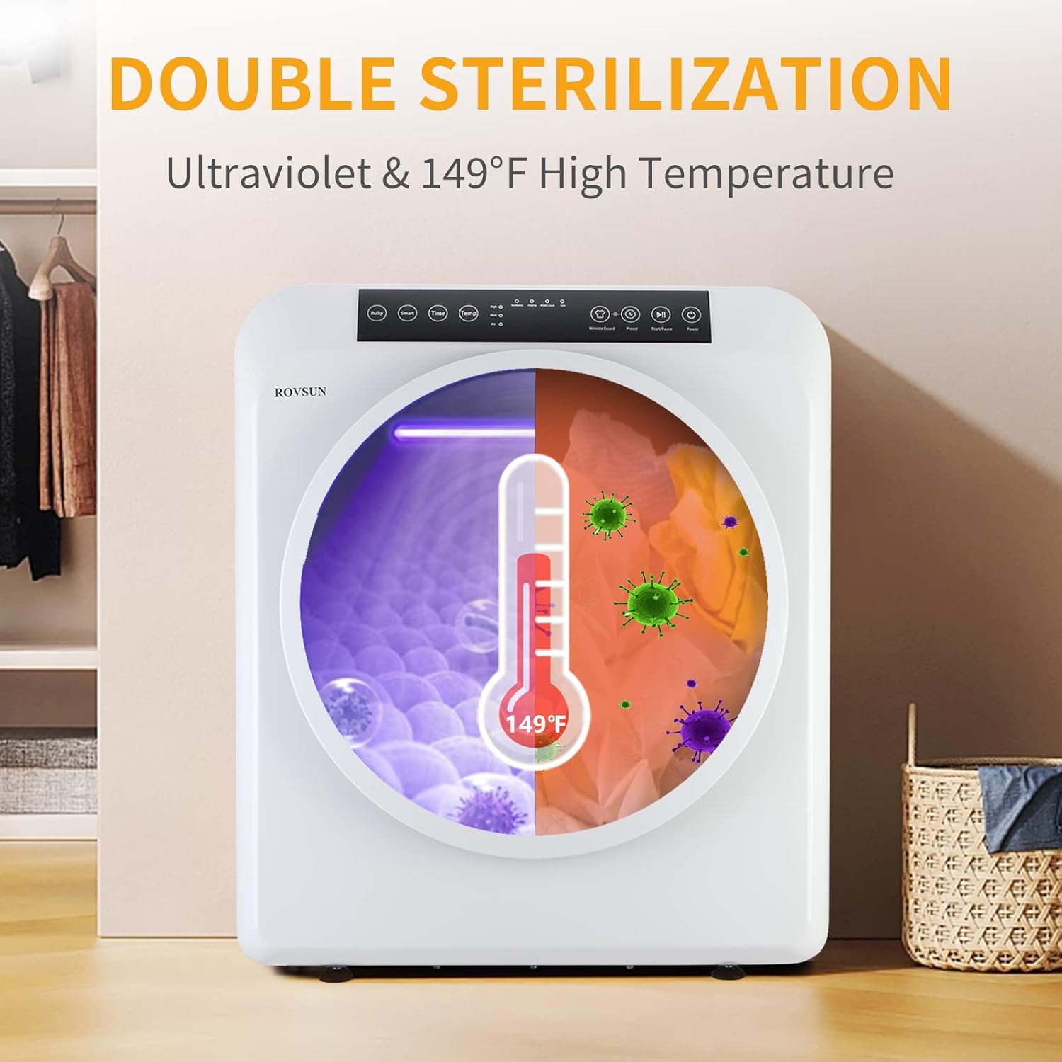 ROVSUN 3.5 Cu.Ft Portable Clothes Dryer, 13.2LB Front Load Tumble Laundry Dryer with High End LCD Touch Screen & Stainless Steel Tub for Apartment, Home, Dorm-110V, White