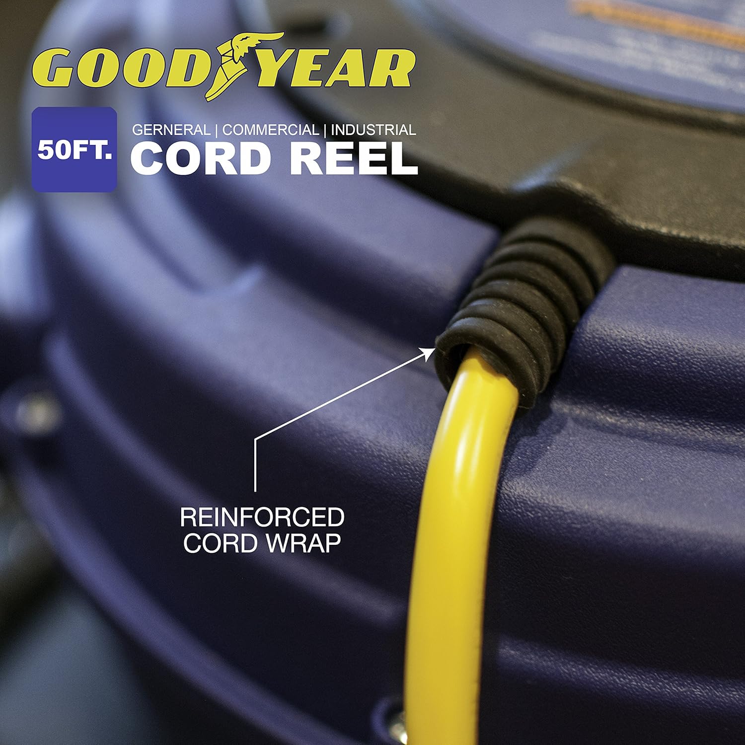 Goodyear Extension Cord Reel Retractable 16AWG x 50' Foot 3C/SJTOW Commercial Cable LED Triple Tap Connector Power 7.5A 125VAC 938W