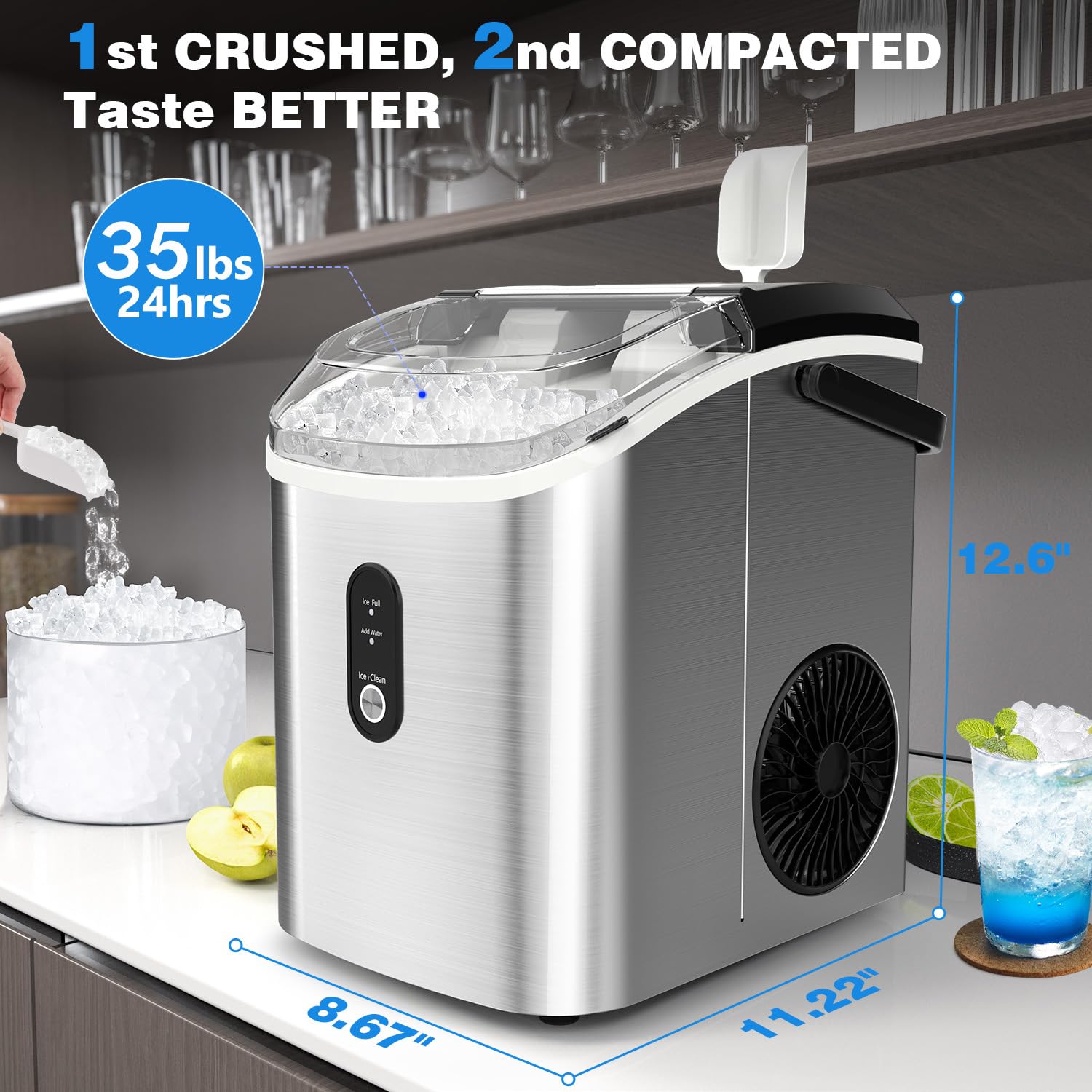Kndko Nugget Ice Maker Countertop,Crushed Ice Maker with Chewable Ice,Fast Ice Making 35Lbs/Day, Self Cleaning Countertop Ice Maker, Removable Top Cover, One-Click Design,Stainless Steel Ice Machine