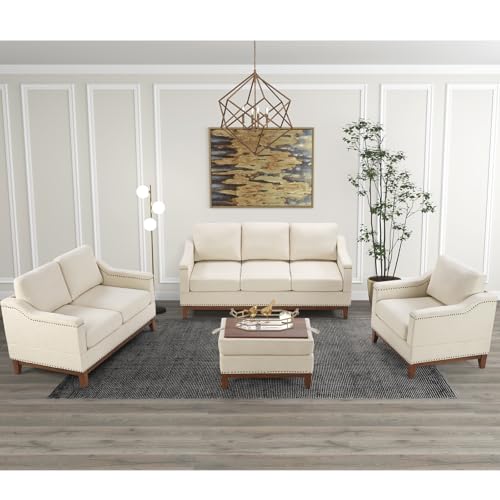 Classic 3-Seater Upholstered Sofa with Nailhead Trim, High-Density Foam Cushions & Sturdy Solid Wood Legs, Soft Fabric Couch for Living Room, Beige
