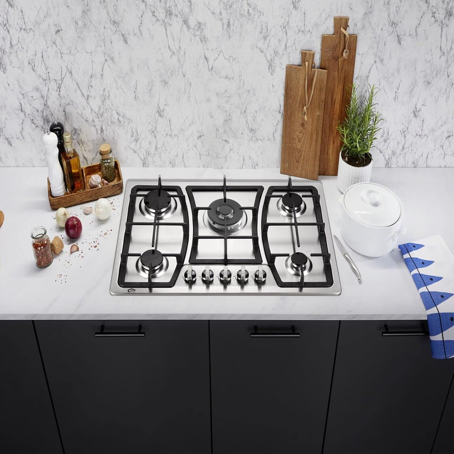 30 Inch Gas Cooktop 5 Burners Gas Stove Gas Hob Stovetop Stainless Steel Cooktop Cast Iron Grates, Silver (30x 19.7x 4.5 inches)