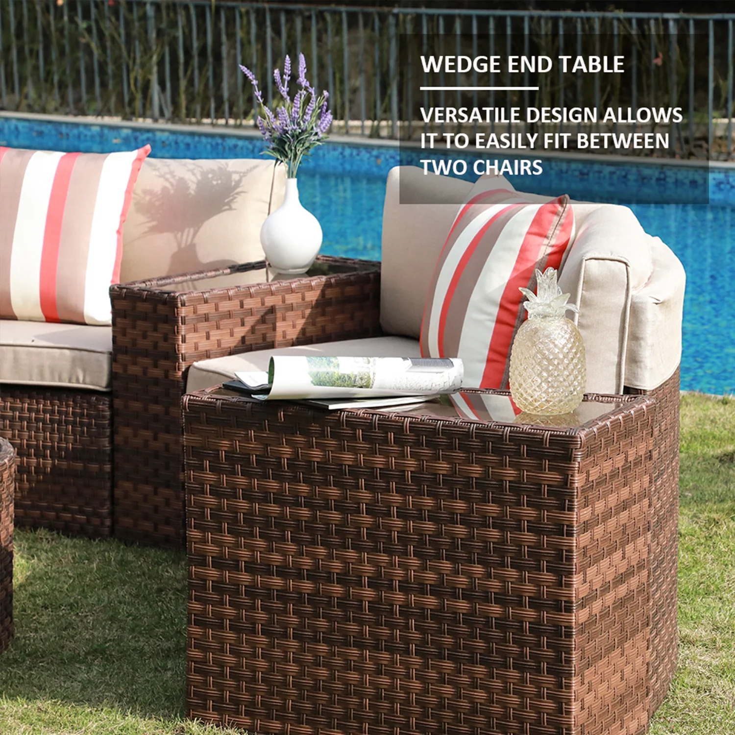 Outdoor Sectional Half-Moon Curved Sofa Set, 7-Piece Brown All Weather PE Wicker Sectional Furniture Set with Round Coffee Table and Side Tables, 4 Pillows & Waterproof Cover Included, Beige Cushion