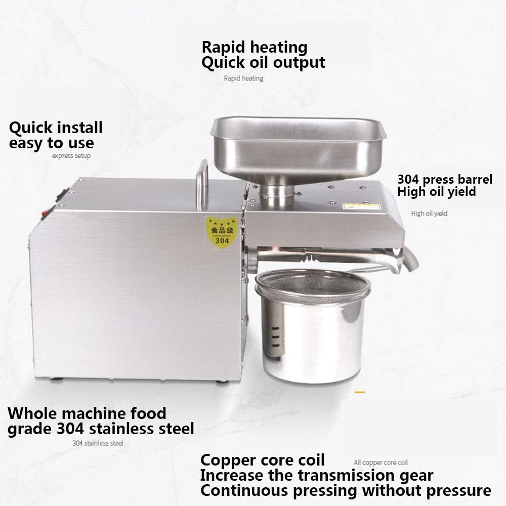 Commercial Oil Press Machine Electric Automatic Oil Mill Cold/Hot Nut Oil Extractor 304 Stainless Steel Oil Expeller for Peanut Coconut Olive 610W
