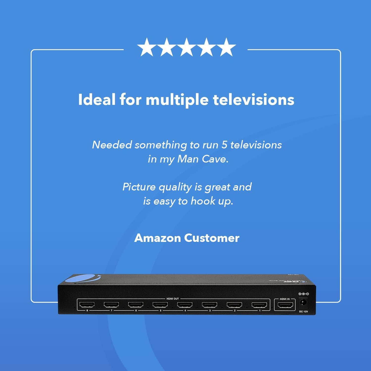 1080p 1x8 HDMI Splitter by OREI - 1 Port to 8 HDMI Display Duplicate/Mirror - Powered Splitter Ver 1.3 Certified for Full HD 1080P High-Resolution 3D Support (One Input To Two Outputs) - HD-108