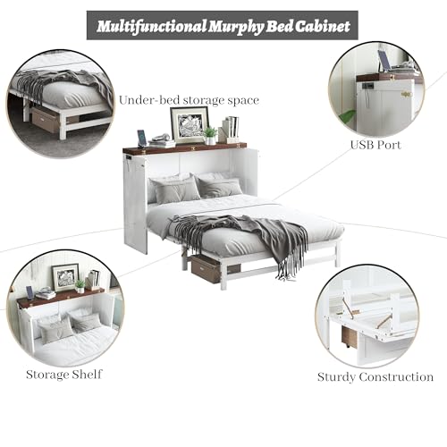 Queen Murphy Bed Cabinet, Murphy Bed Queen with Storage Drawer & Charging Station, USB Port, Solid Pine Wall Beds for Home Office, Studio or Guest Room, White