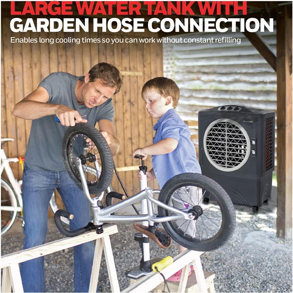Honeywell Powerful 1062 CFM Outdoor Portable Evaporative Cooler with Fan, Long-Lasting Honeycomb Pads on 3 Sides & Copper Continuous Water Supply Connection