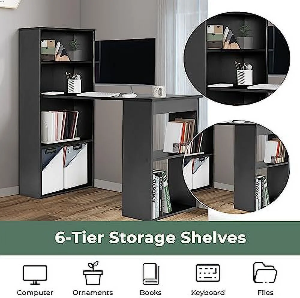RUNFAYBIU 48 Inch Computer Desk with Bookshelf  3-in-1 Home Office Desk with 4-Tier Bookcase &amp; CPU Stand  Space-Saving Reversible Writing Desk Work Table for Bedroom  Study Room  Offi