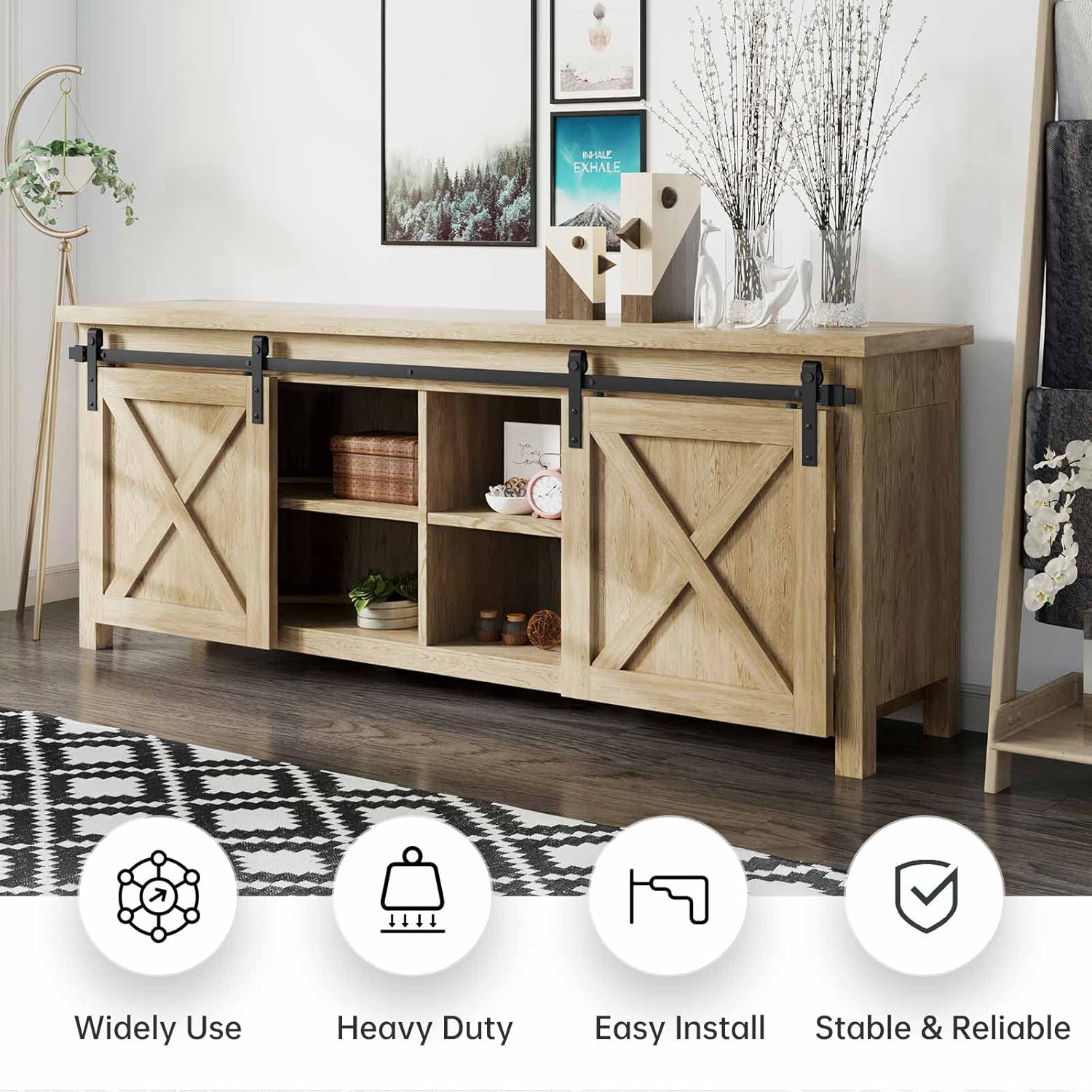 EaseLife 5 FT Cabinet Mini Sliding Double Barn Door Hardware Track Kit,Easy Install,Slide Smoothly Quietly,Apply for Storage Window TV Stand and Other Shielding (No Cabinet)