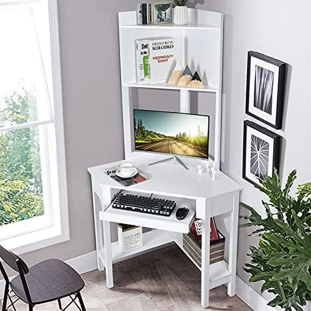 Corner Computer Desk with Hutch  Triangle Corner Desk w/Keyboard Tray and Bookshelves  Corner Writing Desk with  Shelves  Small Corner Desks for Small Spaces (White)