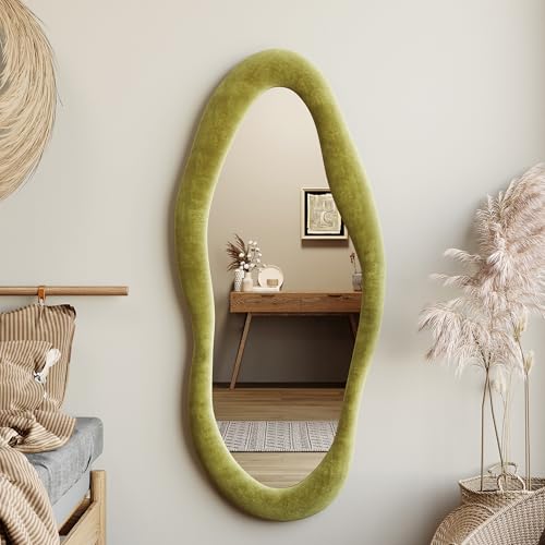 Honyee Full Length Mirror, 63" x 24" Wall Mirror, Flannel Wrapped Wooden Frame Floor Mirror, Irregular Wavy Mirror Hanging or Leaning Against Wall for Cloakroom/Bedroom/Living Room, Milk Tea
