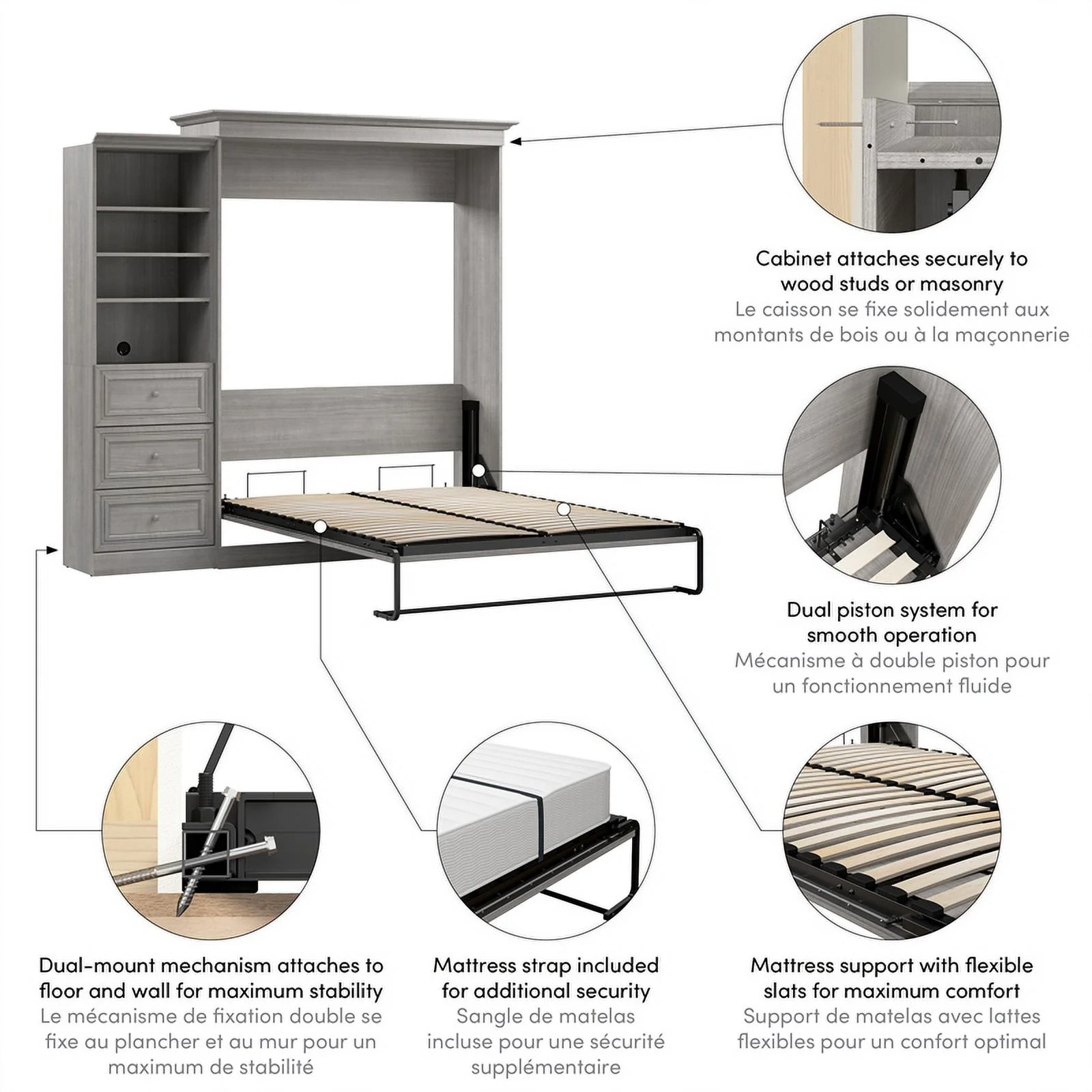 Bestar Versatile Engineered Wood Queen Murphy Bed and Organizer in Platinum Gray