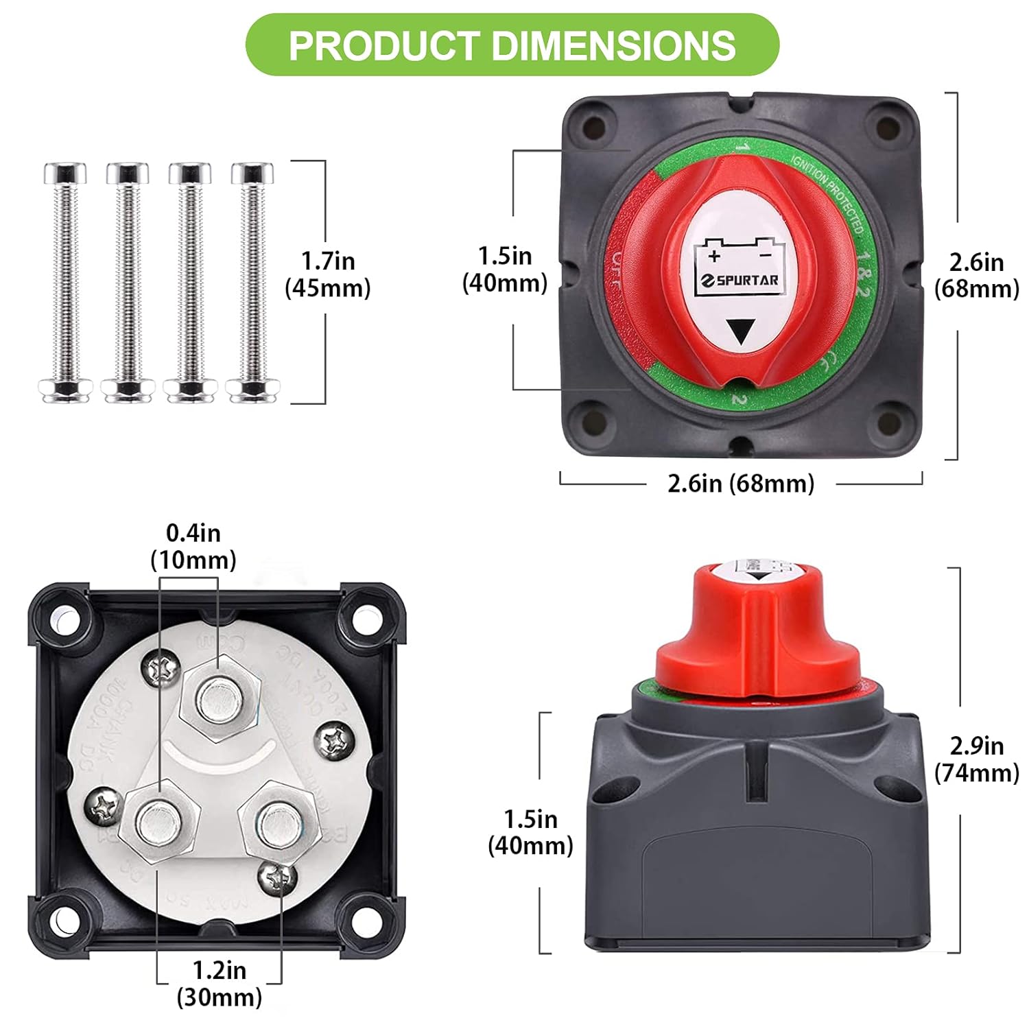 Spurtar Battery Disconnect Switch 1-2-Both-Off, DC 12V-48V Master Marine Battery Switch Power Cut Off for Marine Boat Car ATV RV Vehicle, Waterproof Battery Isolator Heavy Duty