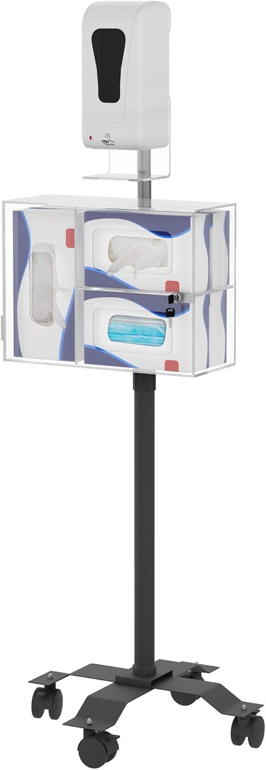 Hand Sanitizing Station - CTA Premium Heavy-Duty Secured Stand with Acrylic Glove, Mask Box & Contactless Soap or Hand Sanitizer Dispenser for Offices, Schools, & Public Area (SAN-STT1B) - Black