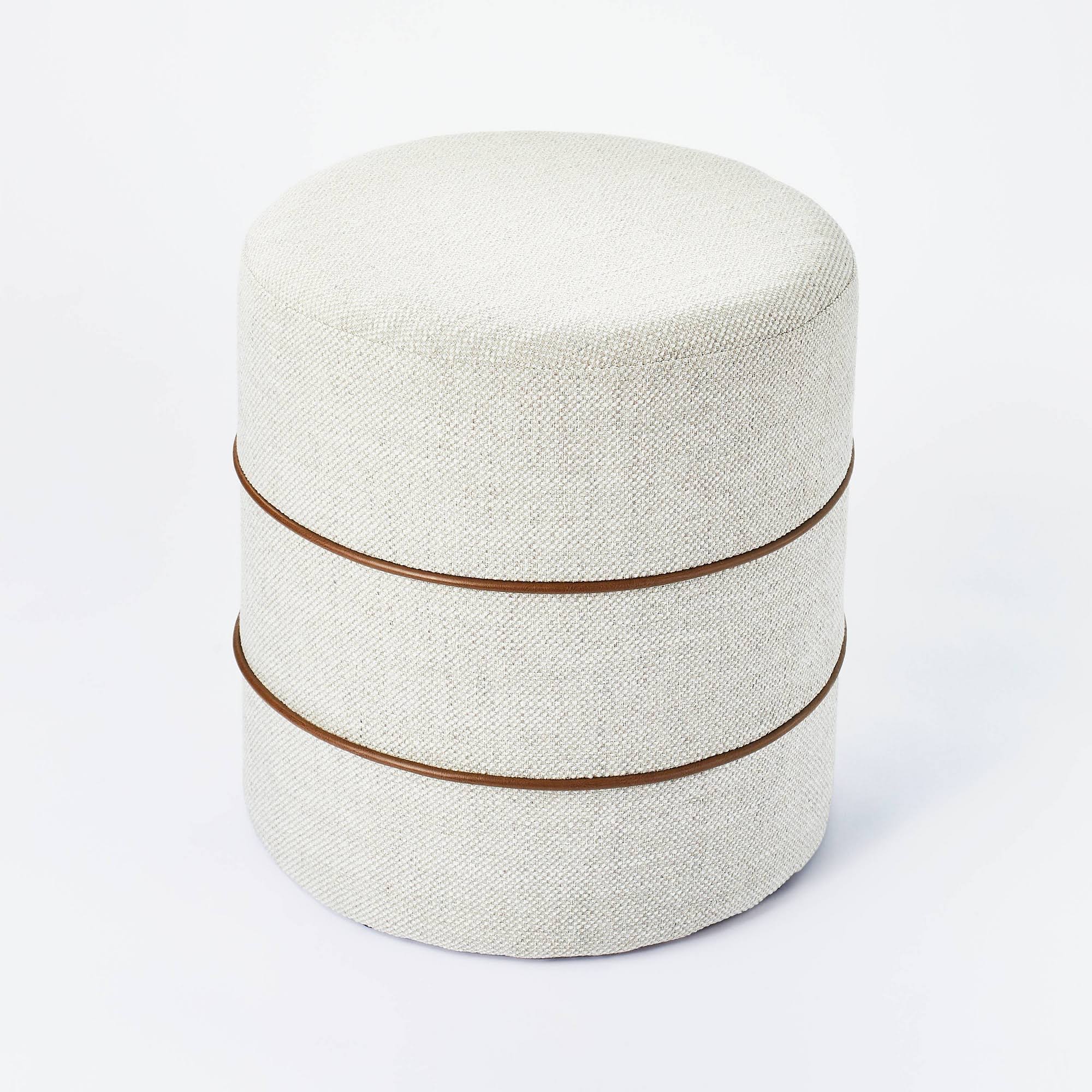 Catalina Round Ottoman Cream with Leather PIPING - Threshold Designed with Studio McGee