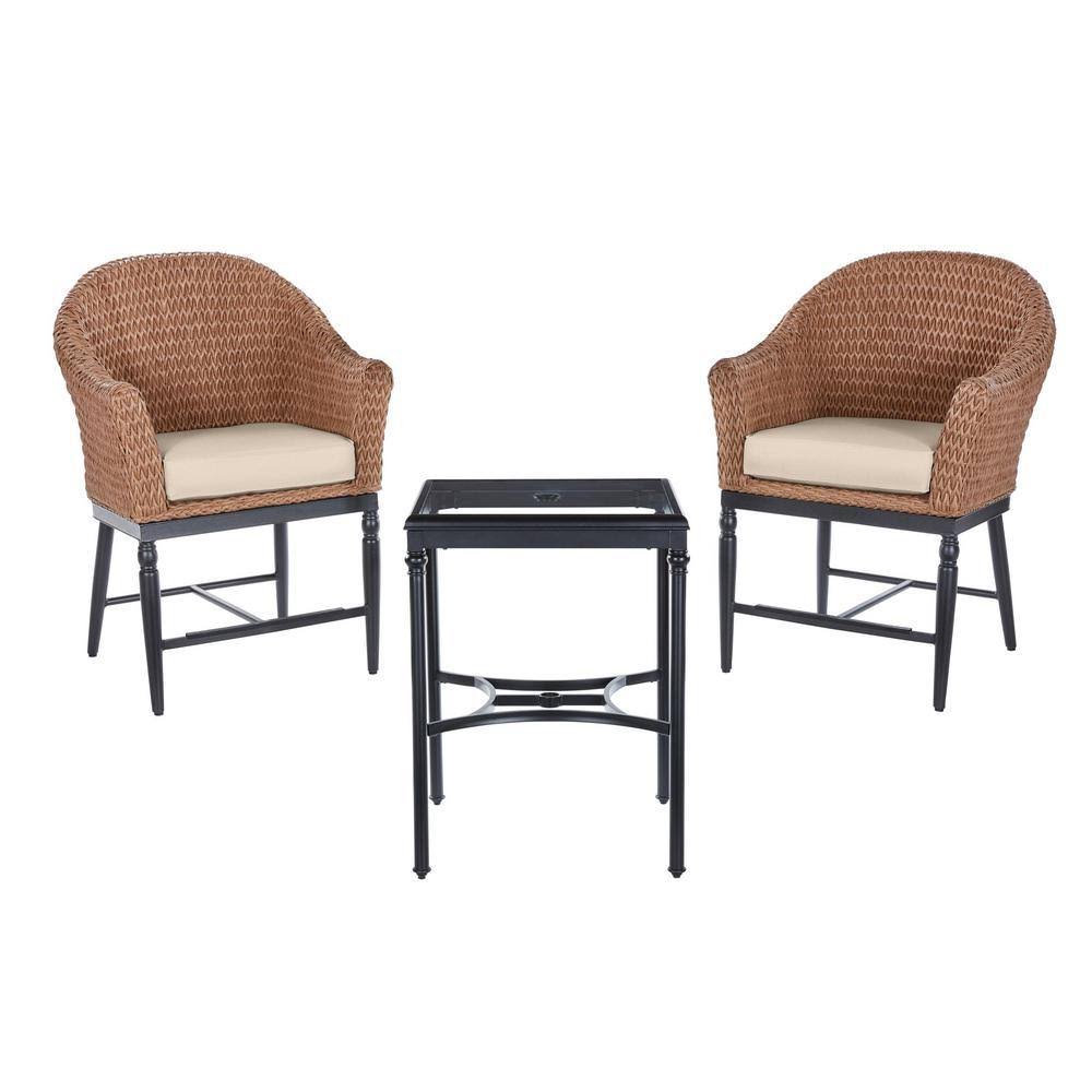 Home Decorators Collection Camden Seagrass Light Brown 3-Piece Wicker Outdoor Patio Balcony Height Bistro Set with Sunbrella Bei