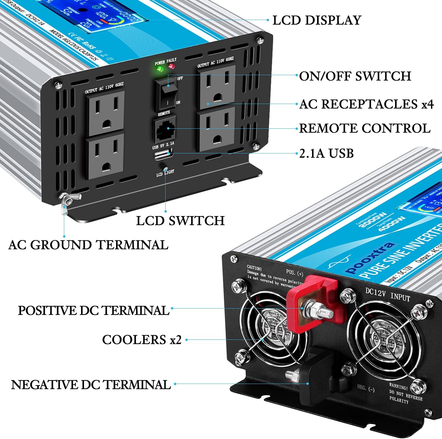 2000 Watt Pure Sine Wave Inverter 12V DC to 110V/120V AC Power Converter with LCD Display & USB Port +4 AC Outlets Car Power for Home RV Trucks Car Emergency to Use(4000 Peak Power)